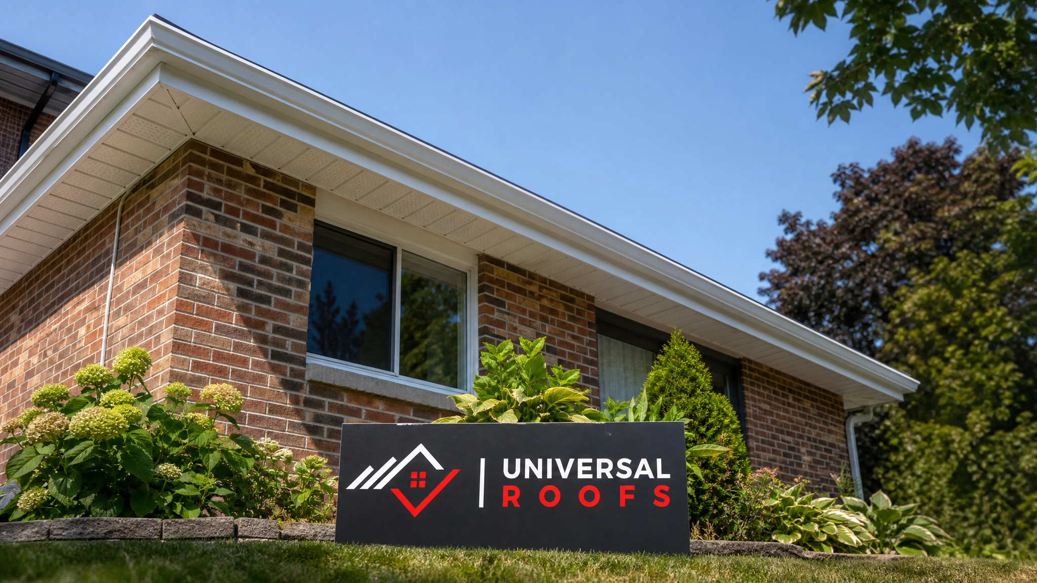 Freshly repaired white aluminum soffit and fascia along a Toronto home roofline with no visible gaps, summer daylight