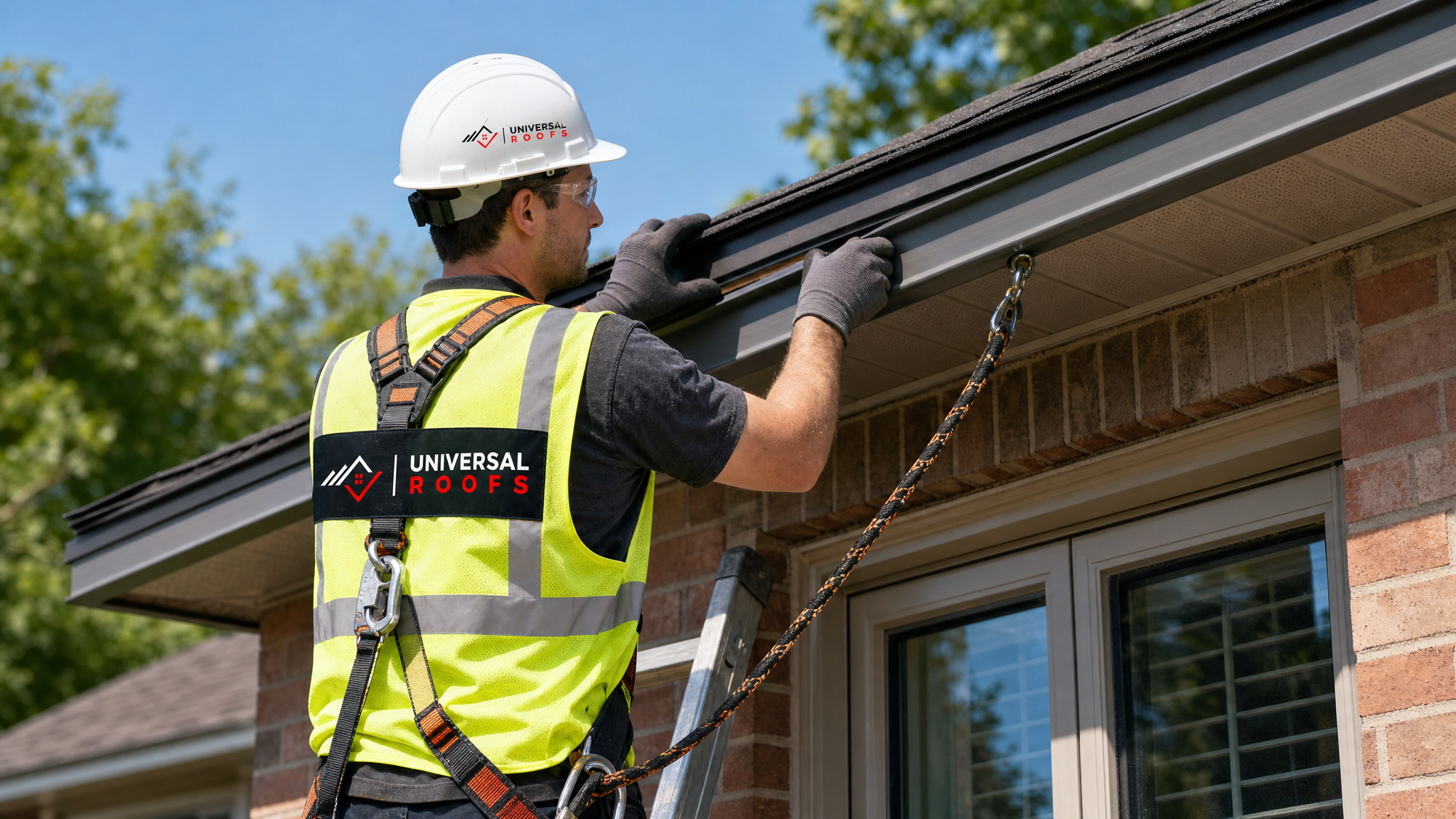 Roofing technician wearing hard hat, hi-vis vest, safety glasses, gloves, and fall protection harness installing new aluminum fascia board at a Toronto home