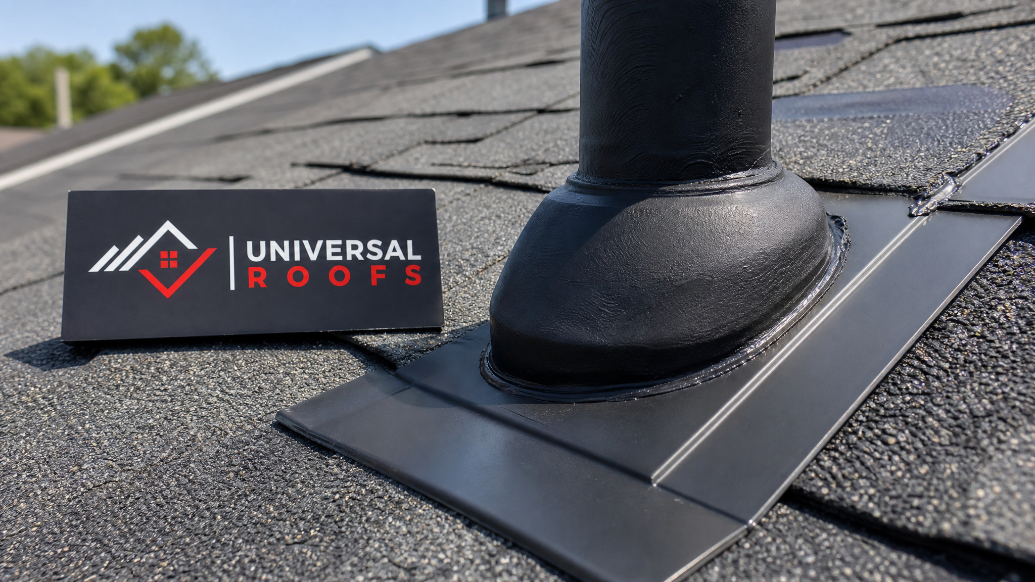 Close-up of repaired roof flashing and sealant detail around a vent pipe boot on a shingle roof