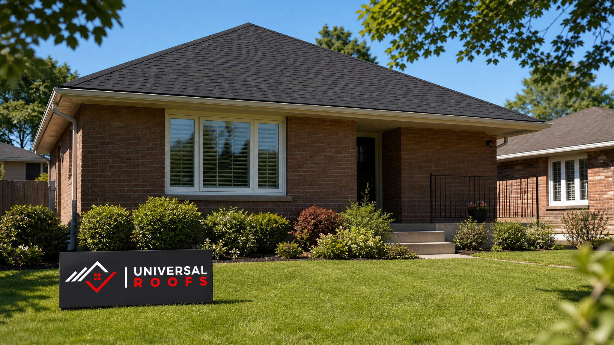 Freshly repaired asphalt shingle roof on a Toronto home under clear summer sky with no visible leak staining