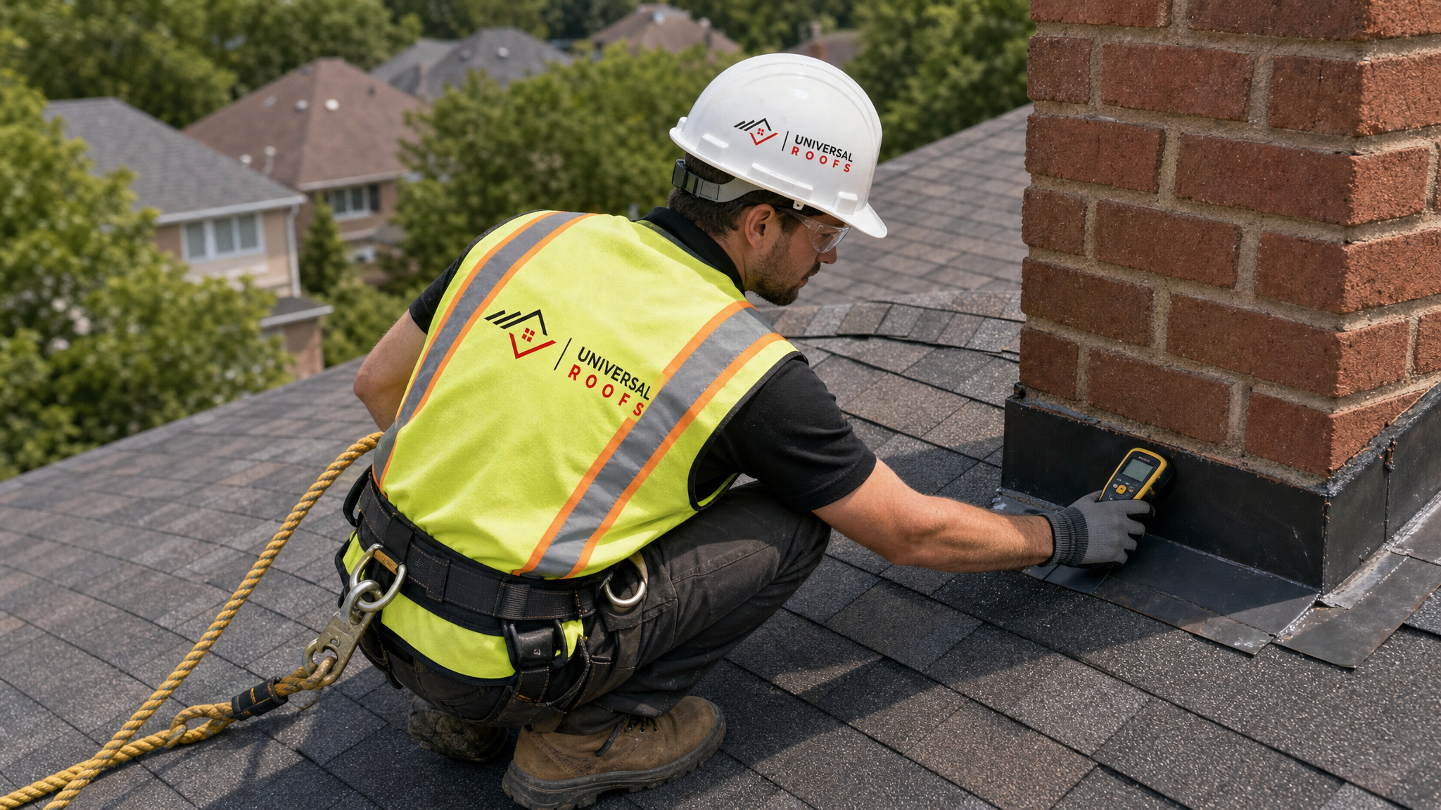 Roofing technician in full safety harness using a moisture meter to trace a leak along roof flashing on a Toronto home
