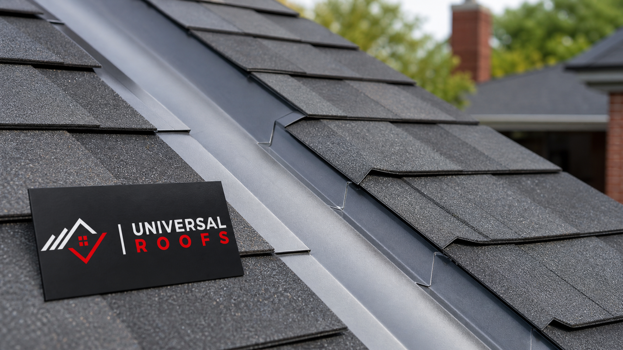 Close-up of new aluminum step flashing installed along a roof valley with a Universal Roofs branded sign placard visible