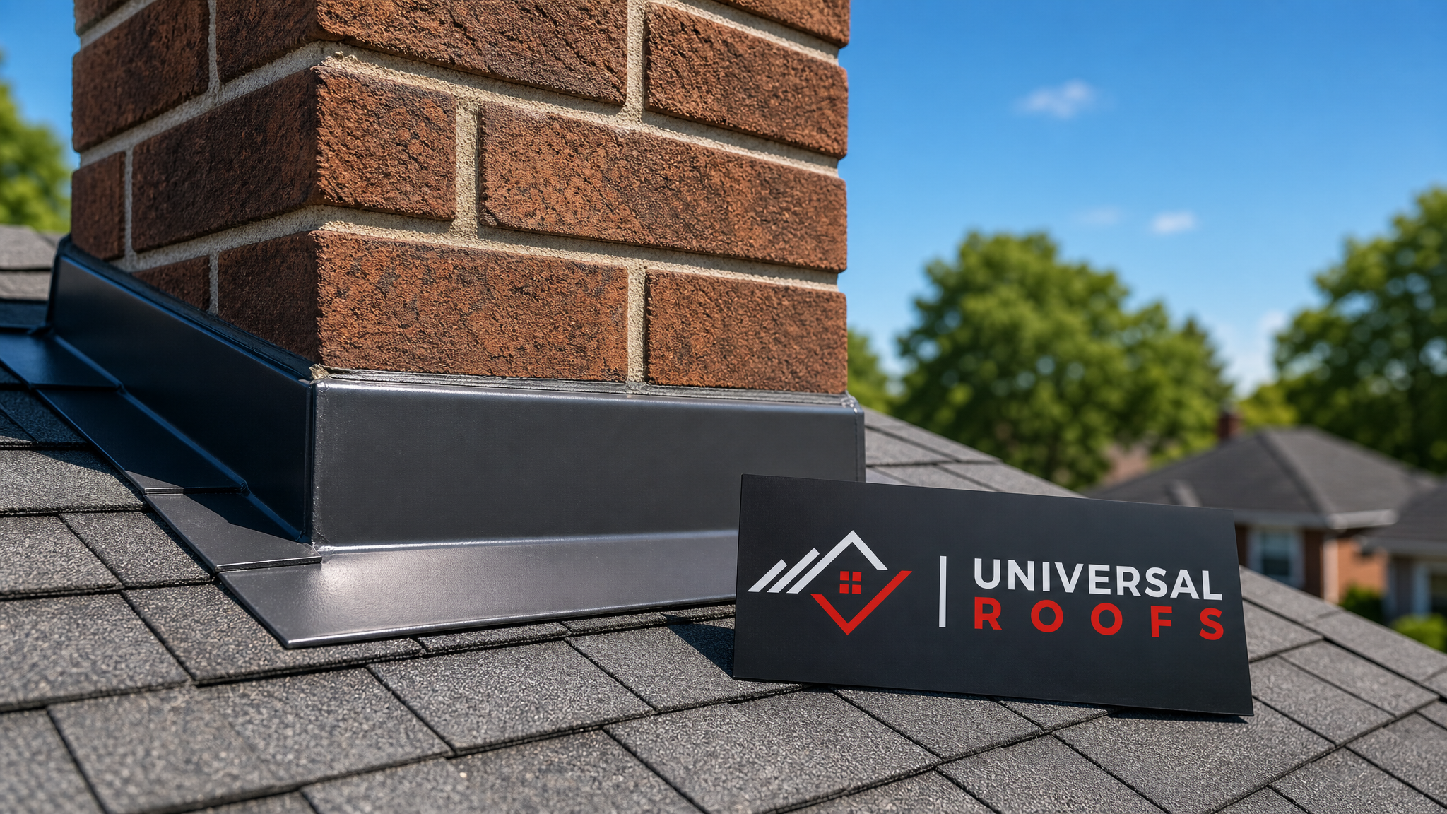 Newly repaired roof flashing around a chimney on a Toronto home in summer daylight, with a Universal Roofs branded sign placard resting nearby