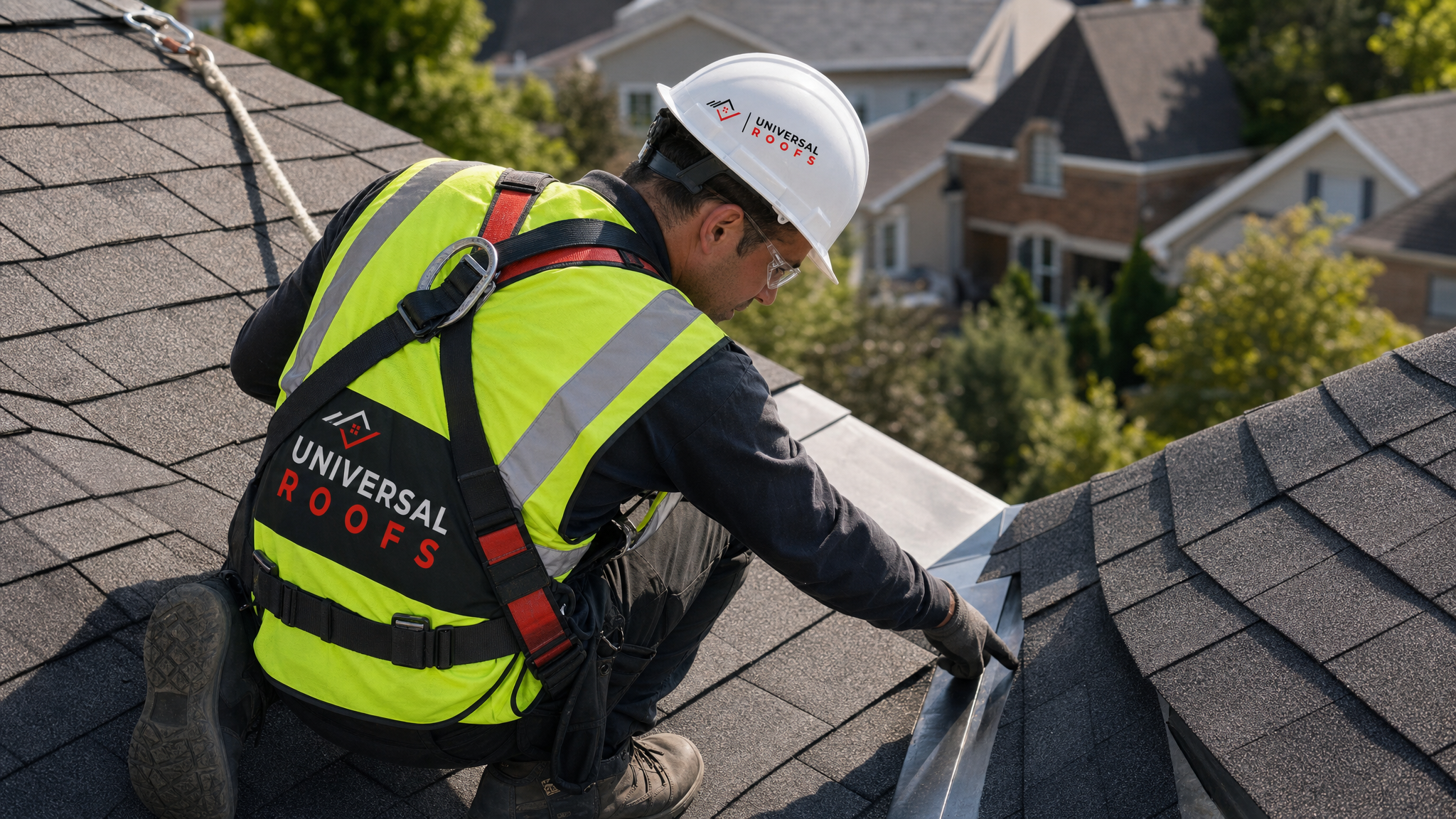 Roofer wearing full safety harness inspecting step flashing along a roof valley on a Toronto home