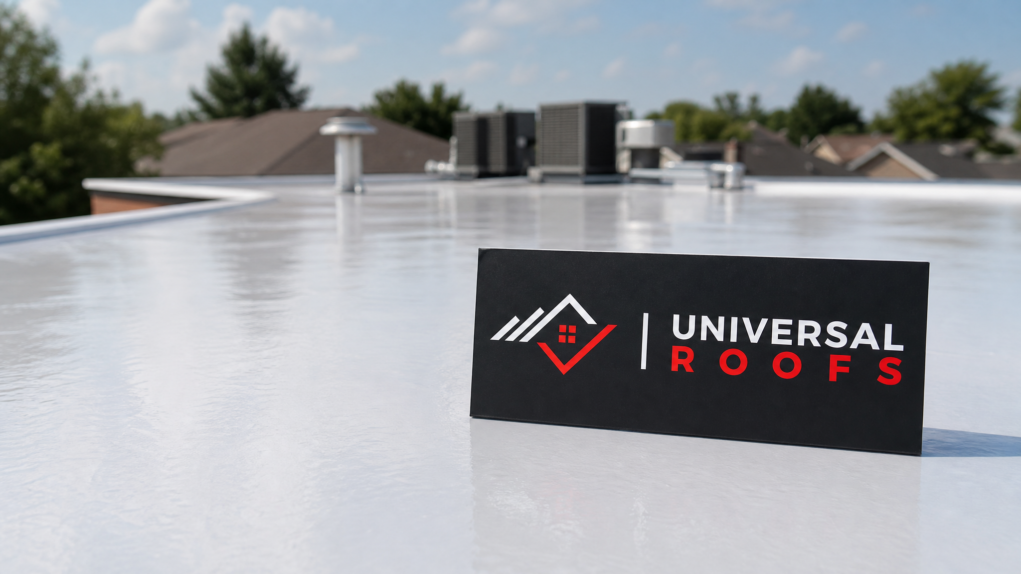 A freshly finished flat roof in Toronto with a high gloss roof coating reflecting summer sunlight, showing a smooth, showroom-quality shine across the membrane