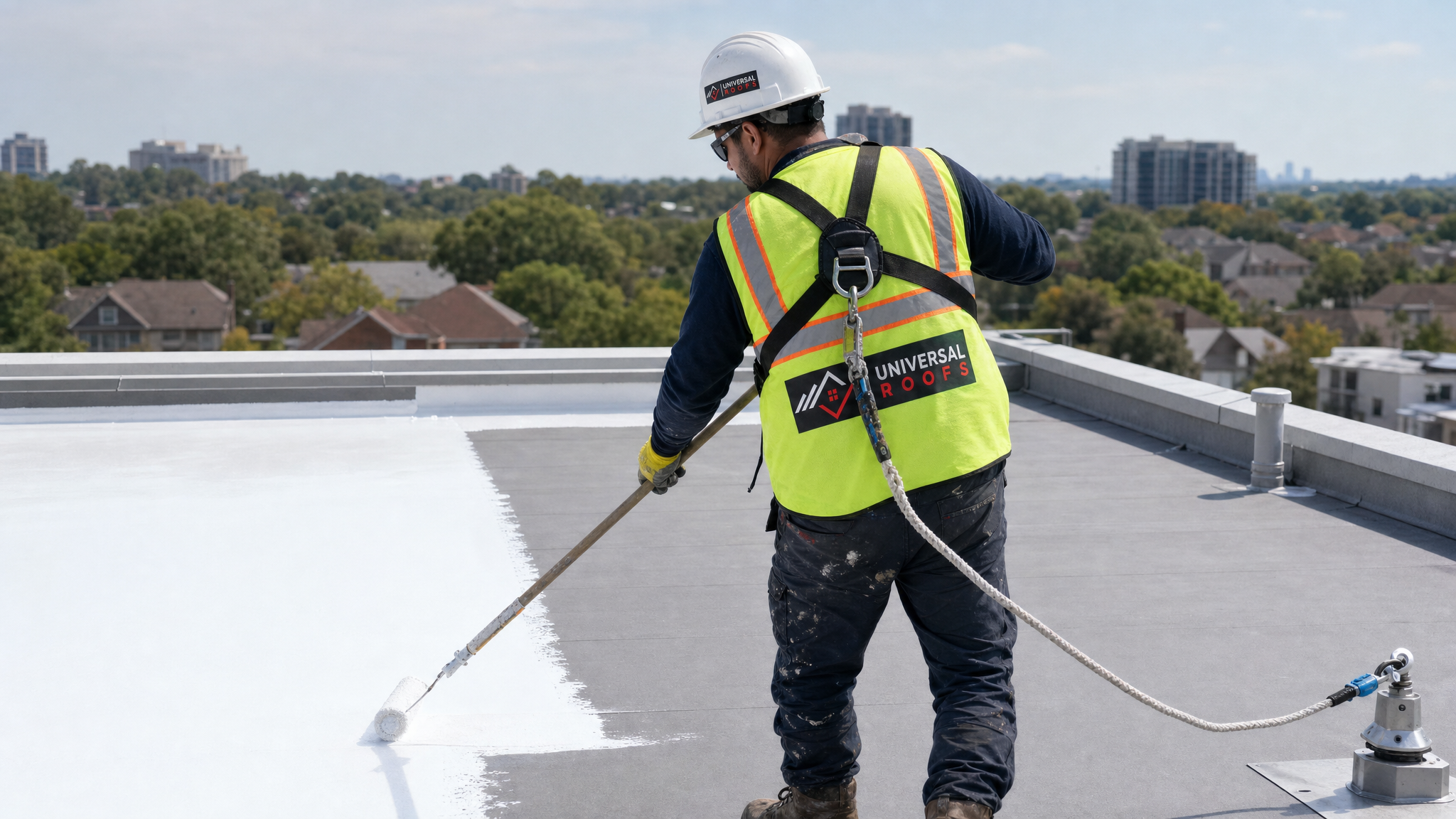A roofing technician wearing full safety gear rolling on a high gloss roof coating on a Toronto flat roof