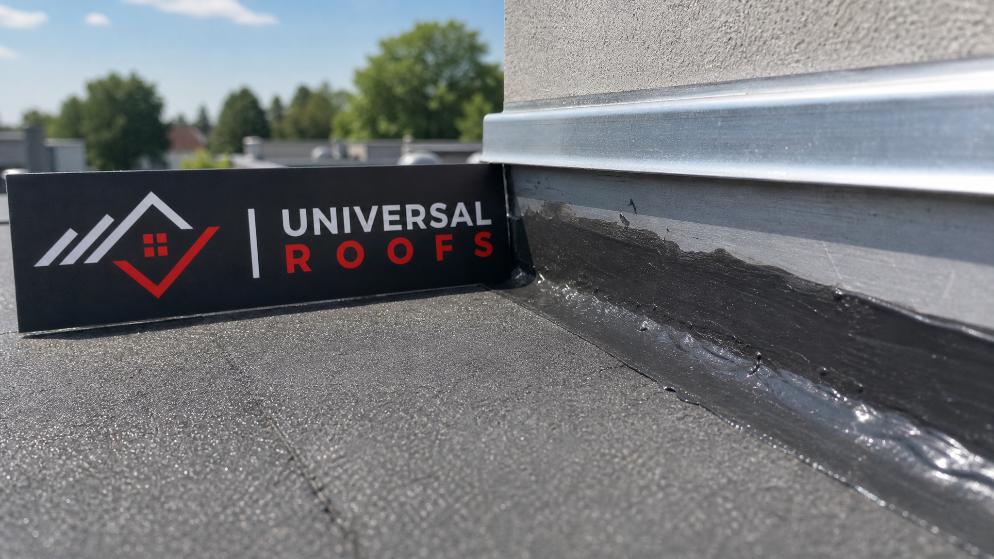 Close-up detail of a roof membrane seam and flashing joint showing waterproofing material and sealant application