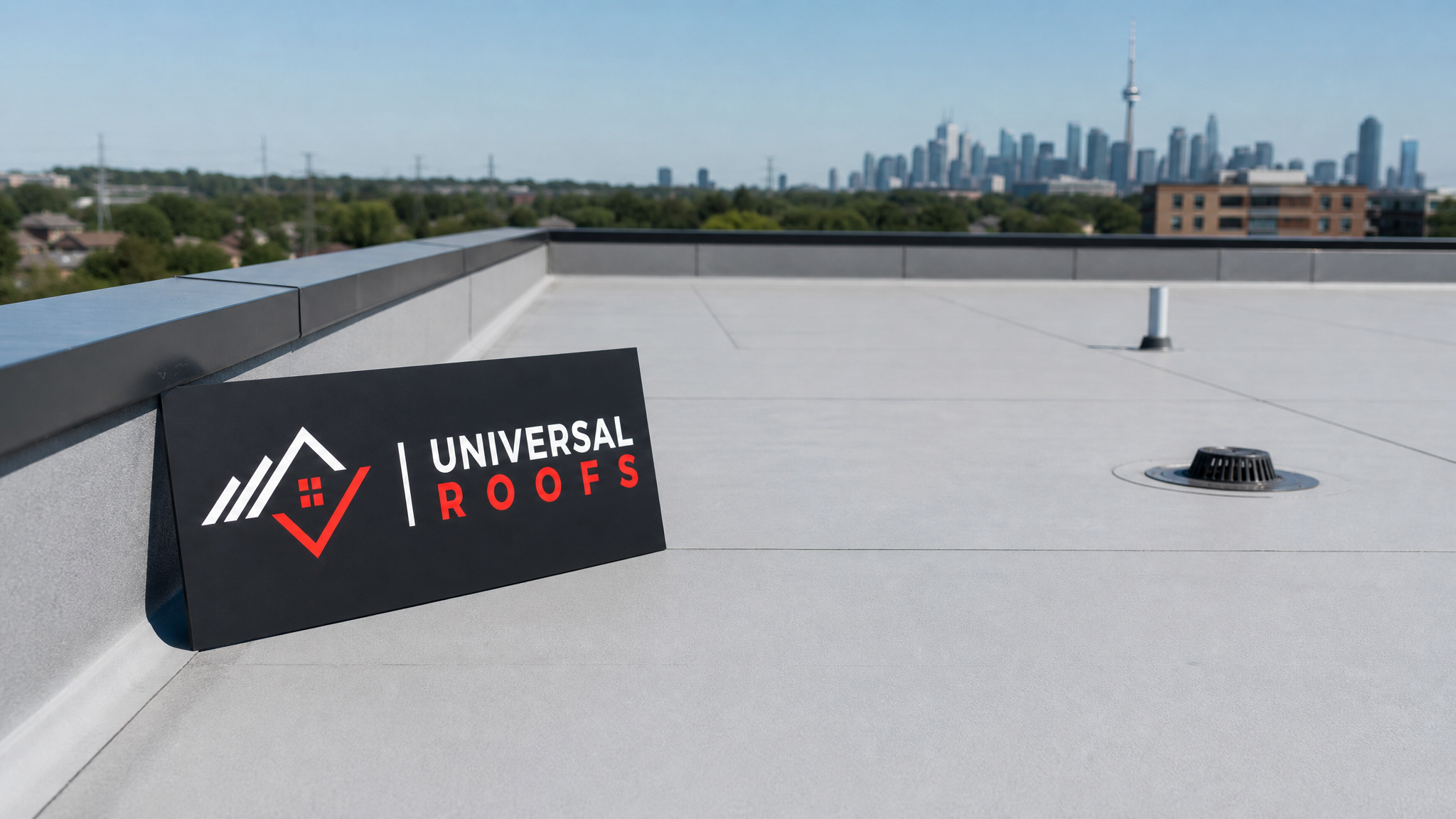 Dry, clean flat roof membrane in summer daylight showing successful roof waterproofing with no ponding water