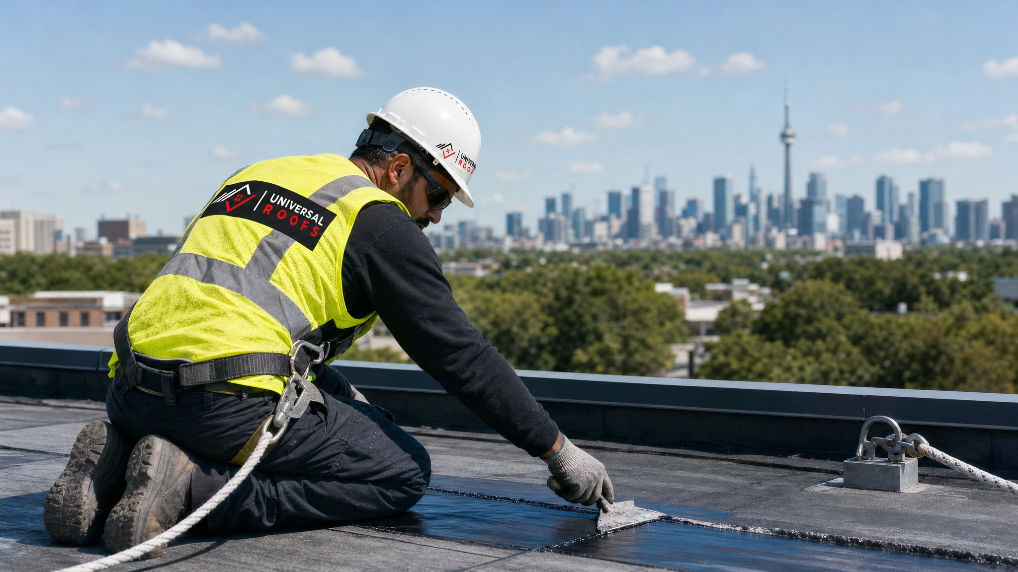 Roofer wearing full safety harness inspecting and applying waterproofing membrane sealant on a flat roof in Toronto