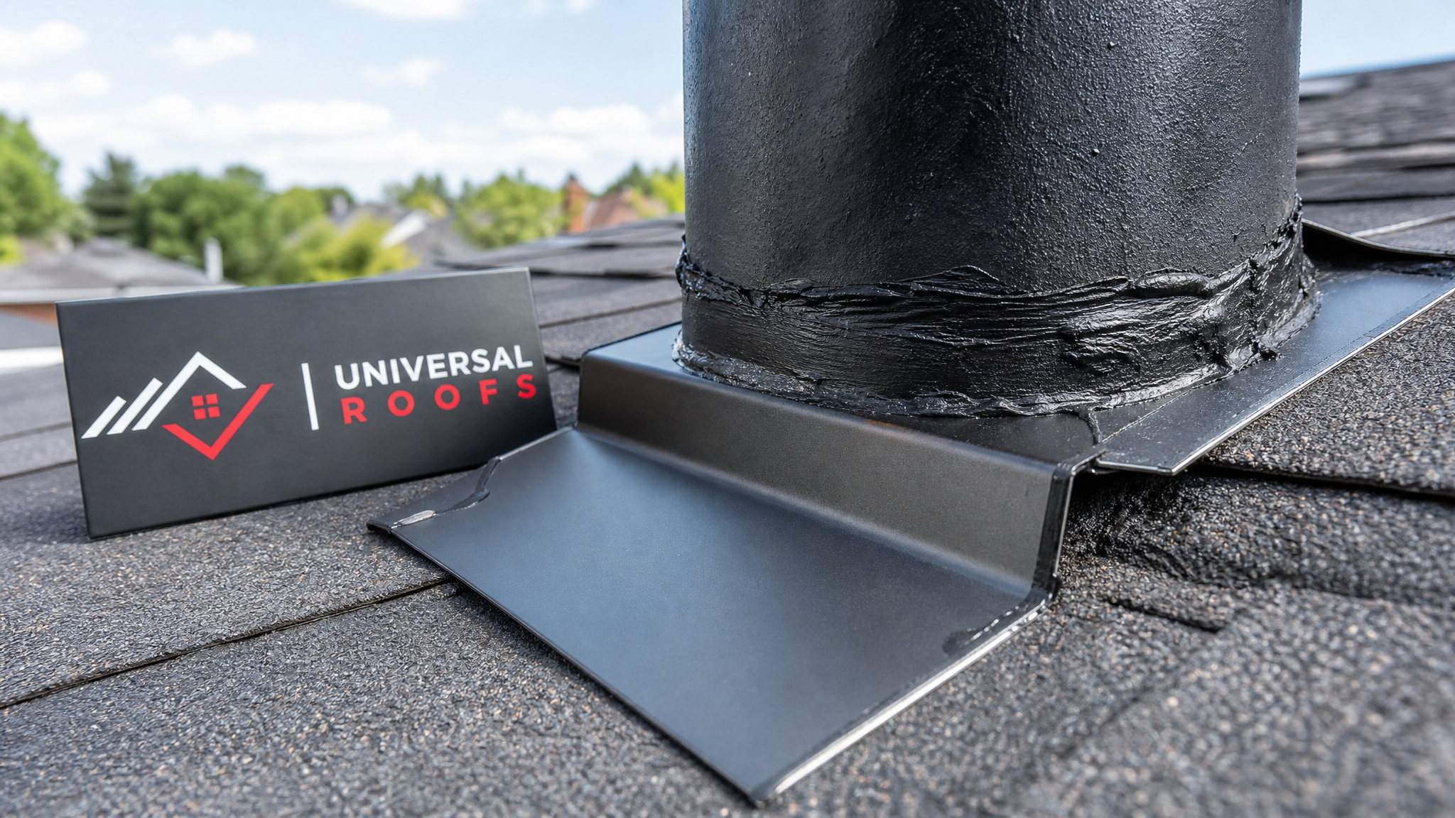 Close-up of new rubberized flashing sealant applied around a roof penetration to stop a leak, with a Universal Roofs branded sign placard nearby