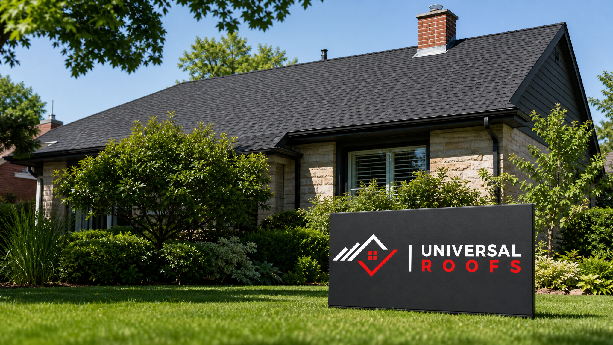 Dry, freshly repaired asphalt shingle roof on a Toronto home under clear summer daylight with a Universal Roofs branded sign placard resting on the lawn