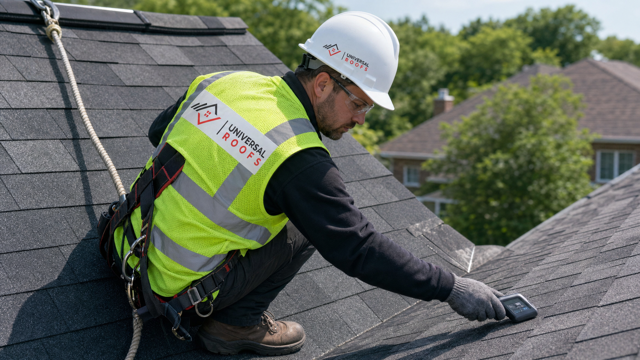 Roofing technician wearing full safety gear and a fall-protection harness using a moisture meter to locate a roof leak on a Toronto home