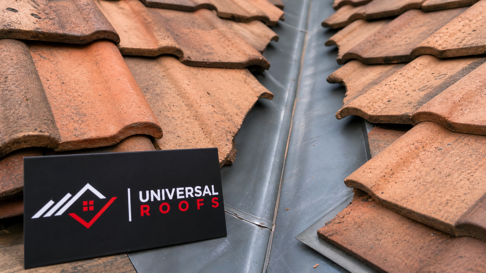Close-up detail of overlapping clay roof tiles and metal flashing with a Universal Roofs branded sign placard