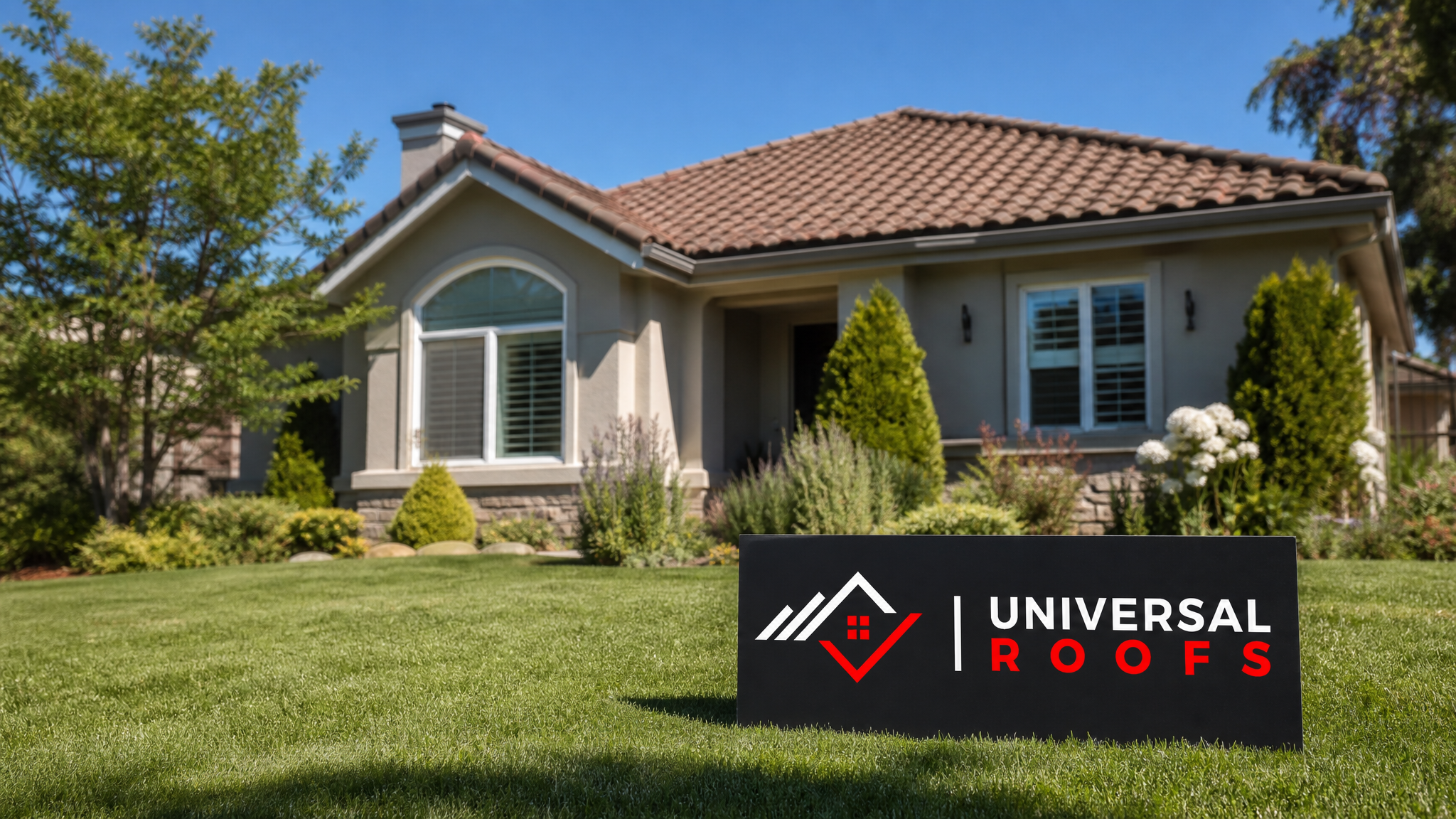 Finished clay tile roof on a Toronto home in summer daylight with a Universal Roofs branded sign placard nearby