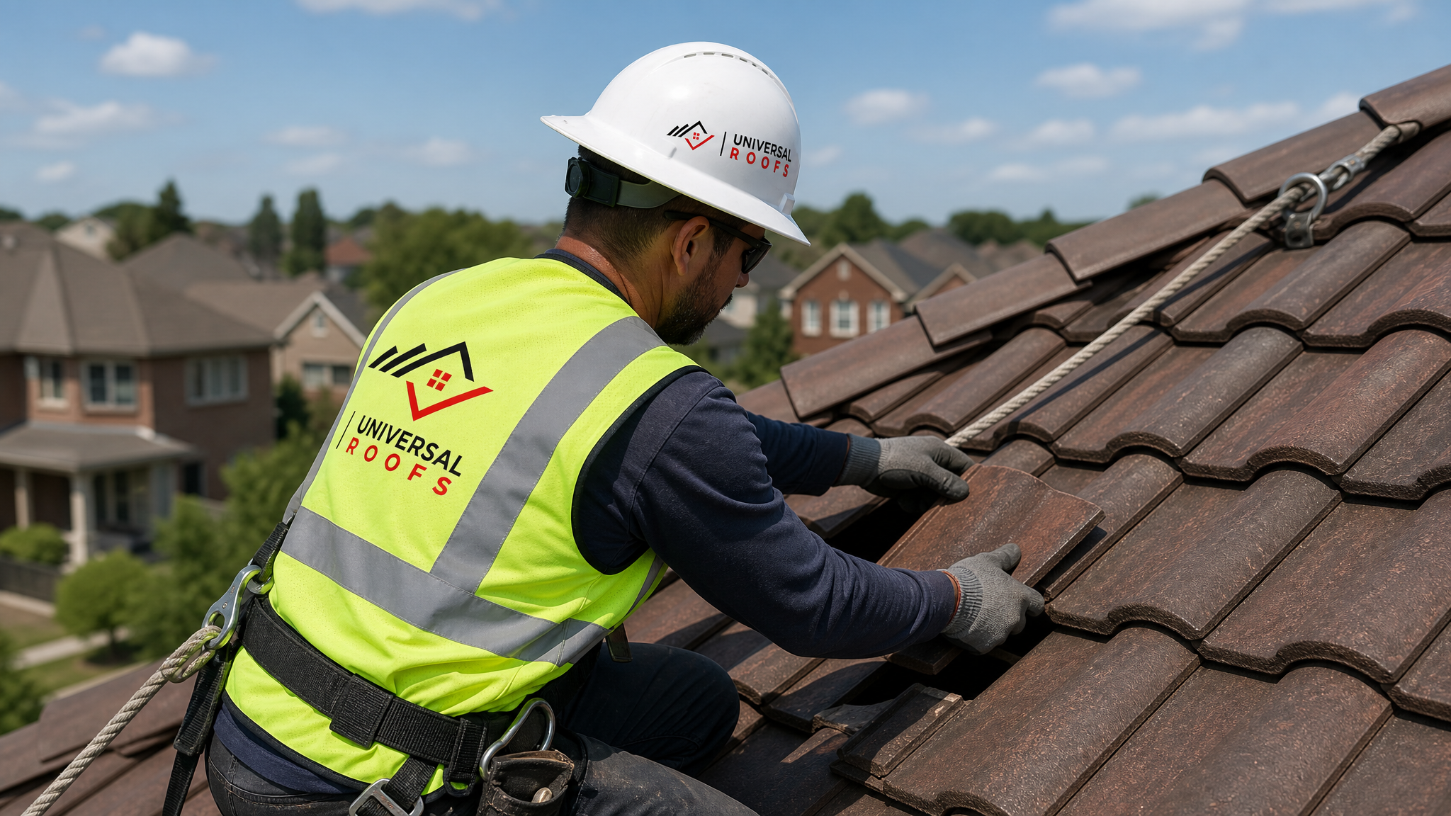 Roofer wearing a harness and full safety gear carefully replacing a cracked clay tile on a Toronto roof in daylight