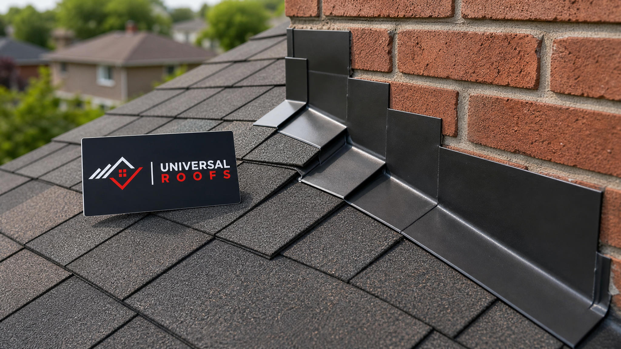 Close-up of properly layered step flashing and counter-flashing around a chimney on a Toronto roof