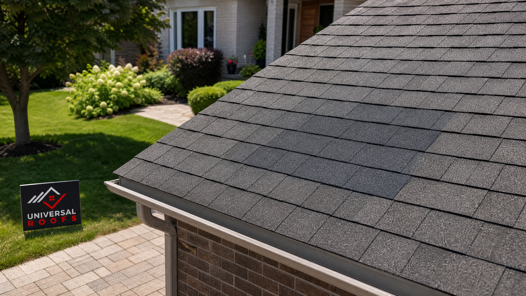Freshly patched asphalt shingle roof on a Toronto home under clear summer skies with a Universal Roofs sign placard nearby
