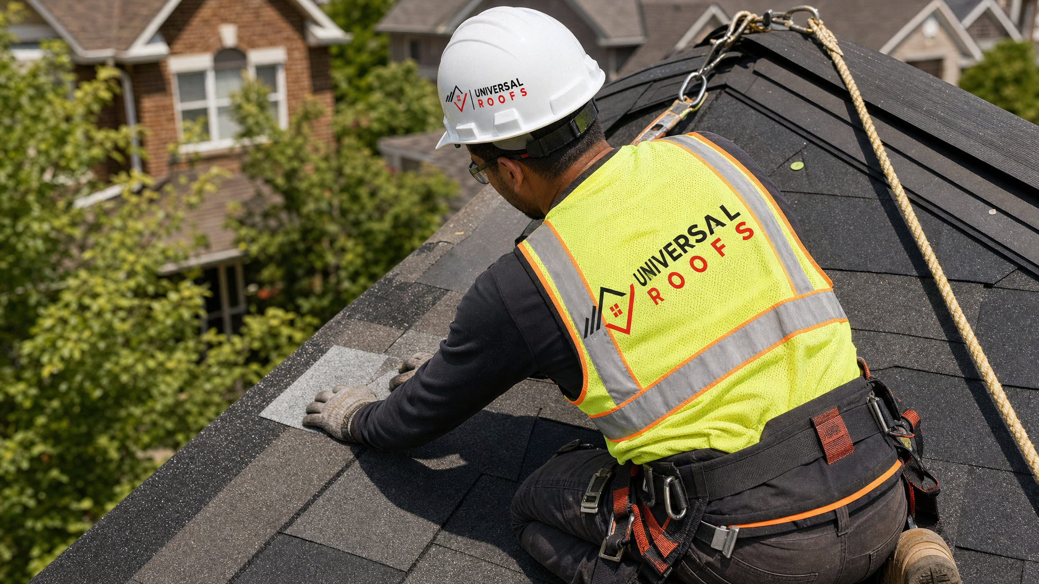 Roofer wearing full safety harness and PPE applying a shingle patch on a steep residential roof in Toronto