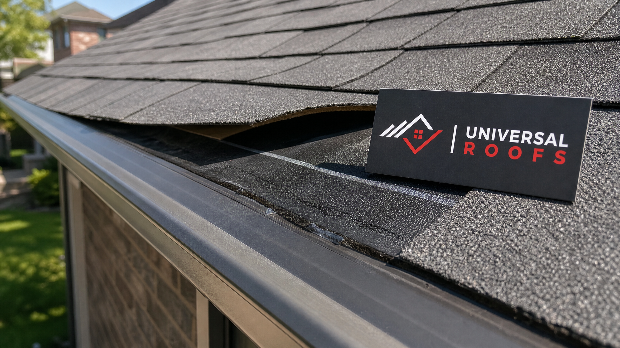 Close-up of a roof eave edge showing clean ice-and-water shield membrane and properly installed drip edge flashing, with a Universal Roofs branded sign placard beside it