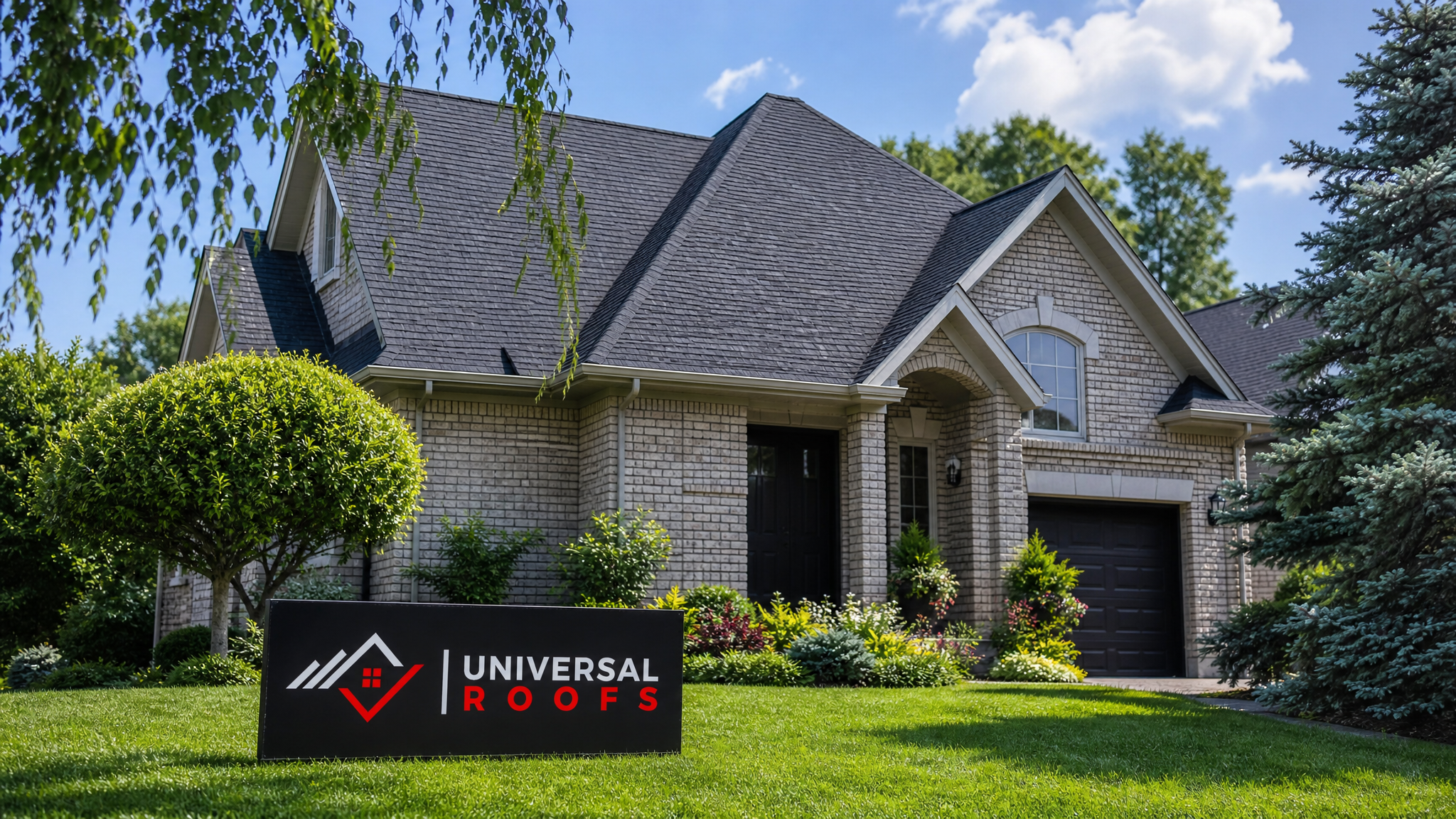 Snow-free asphalt shingle roof on a Toronto-area home in clear summer daylight with a Universal Roofs sign placard nearby