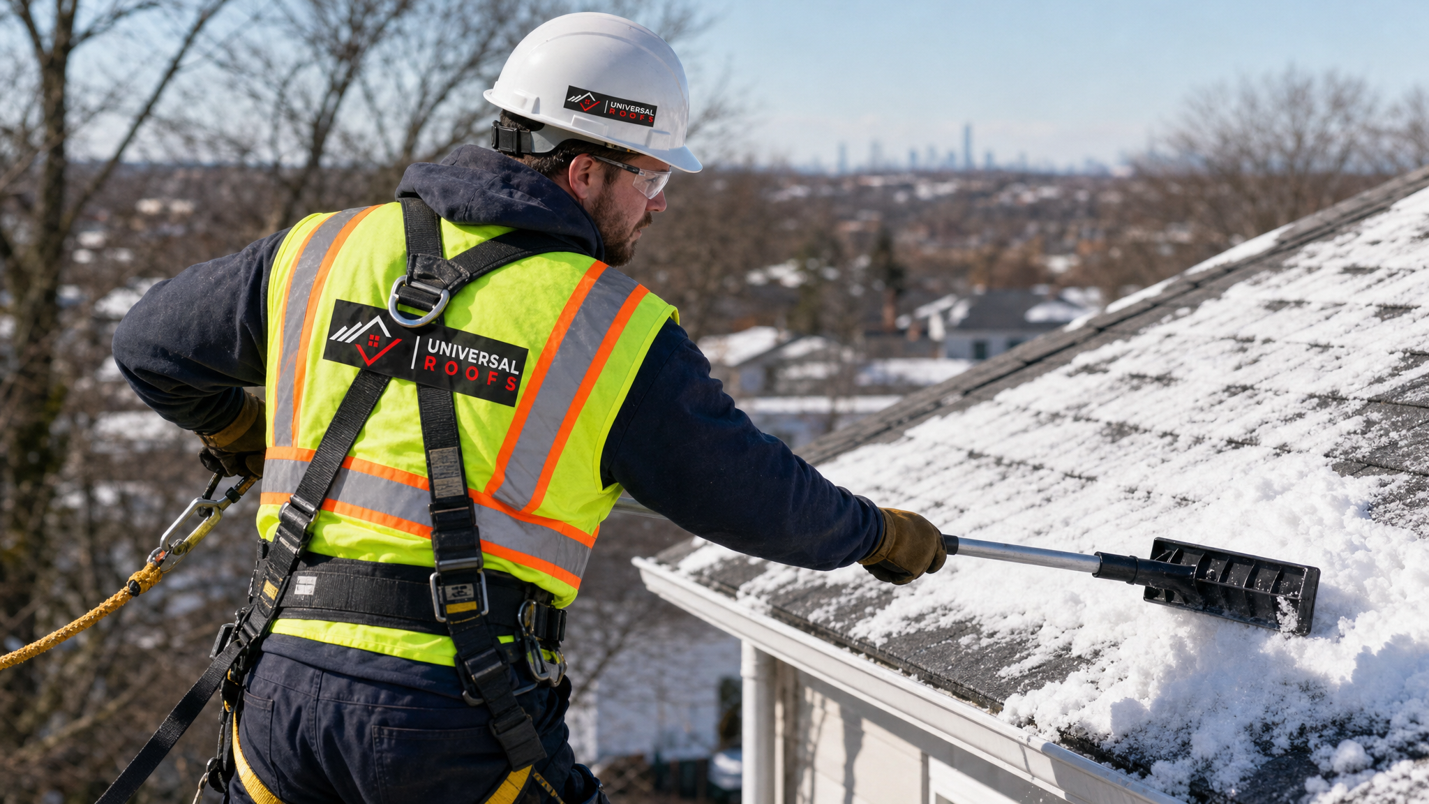 Roofer wearing hard hat, hi-vis vest, safety glasses, gloves and fall-protection harness using a roof rake to clear snow from a sloped residential roof edge in the GTA
