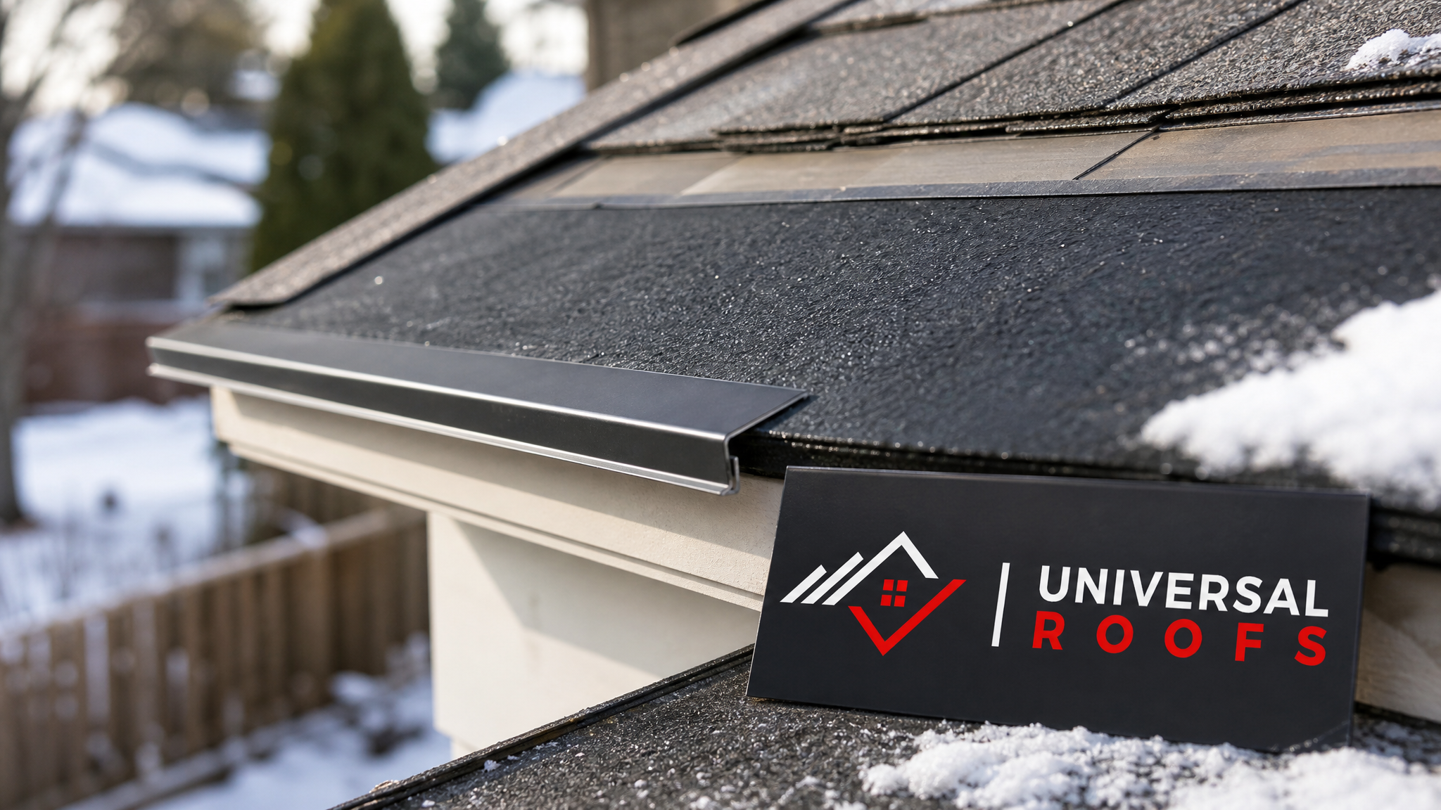 Close-up of ice and water shield membrane and proper eave flashing detail on a roof edge with a Universal Roofs branded sign placard visible nearby