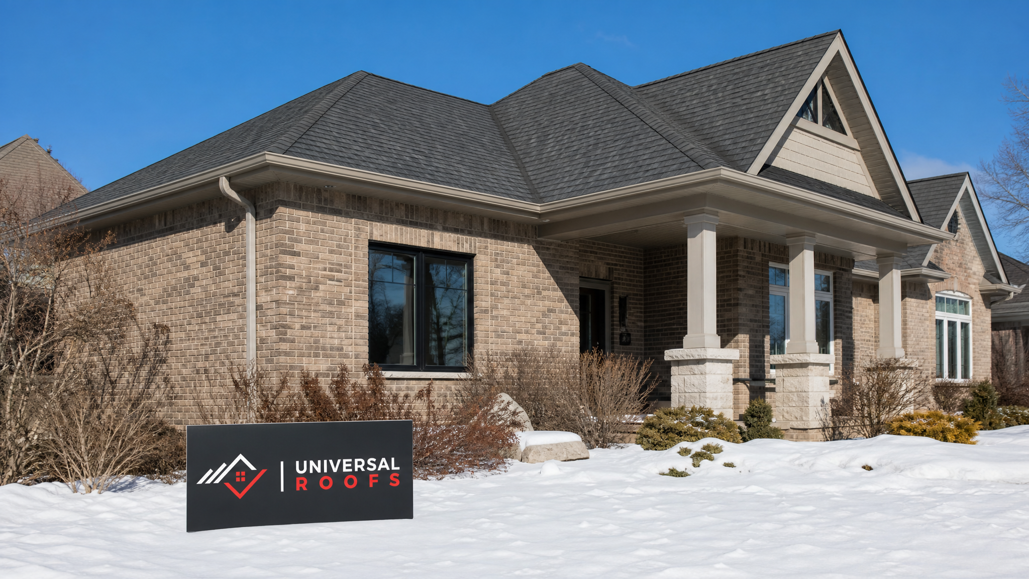 A snow-free asphalt shingle roof on a Toronto home in clear winter daylight with a Universal Roofs branded sign placard resting on the snow-covered lawn nearby