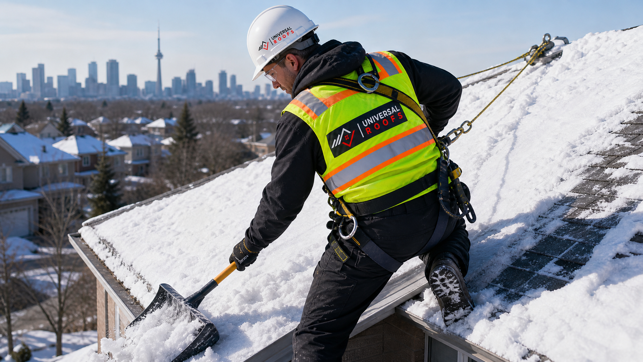 Universal Roofs technician wearing a harness and safety rope safely removing snow from a residential roof edge with a plastic roof shovel in daylight