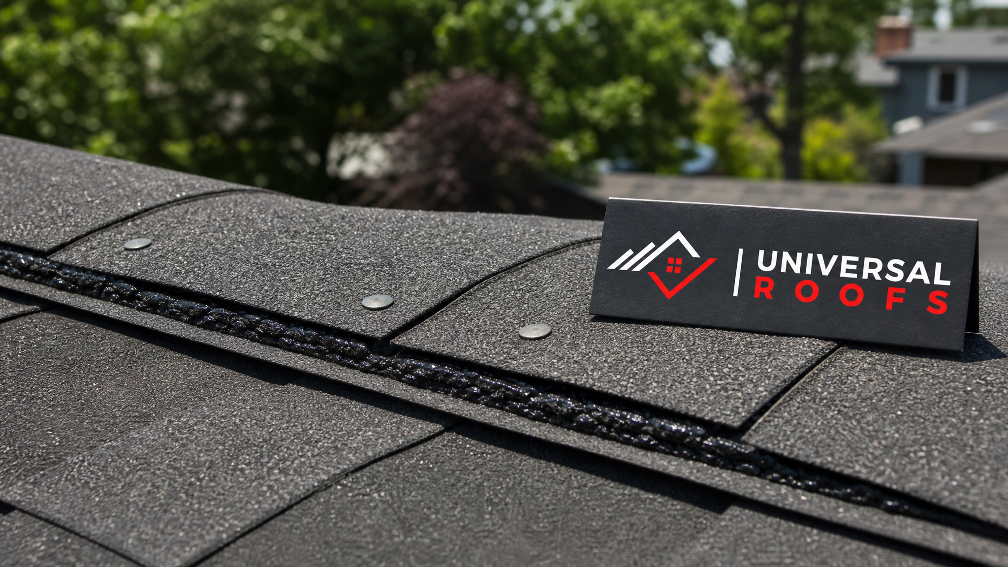 Close-up of sealed shingle edges and reinforced ridge cap showing proper wind-resistant installation technique