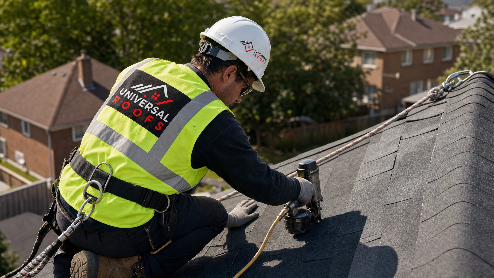 Roofing technician securing shingles with proper nailing pattern while wearing full safety gear on a sloped roof