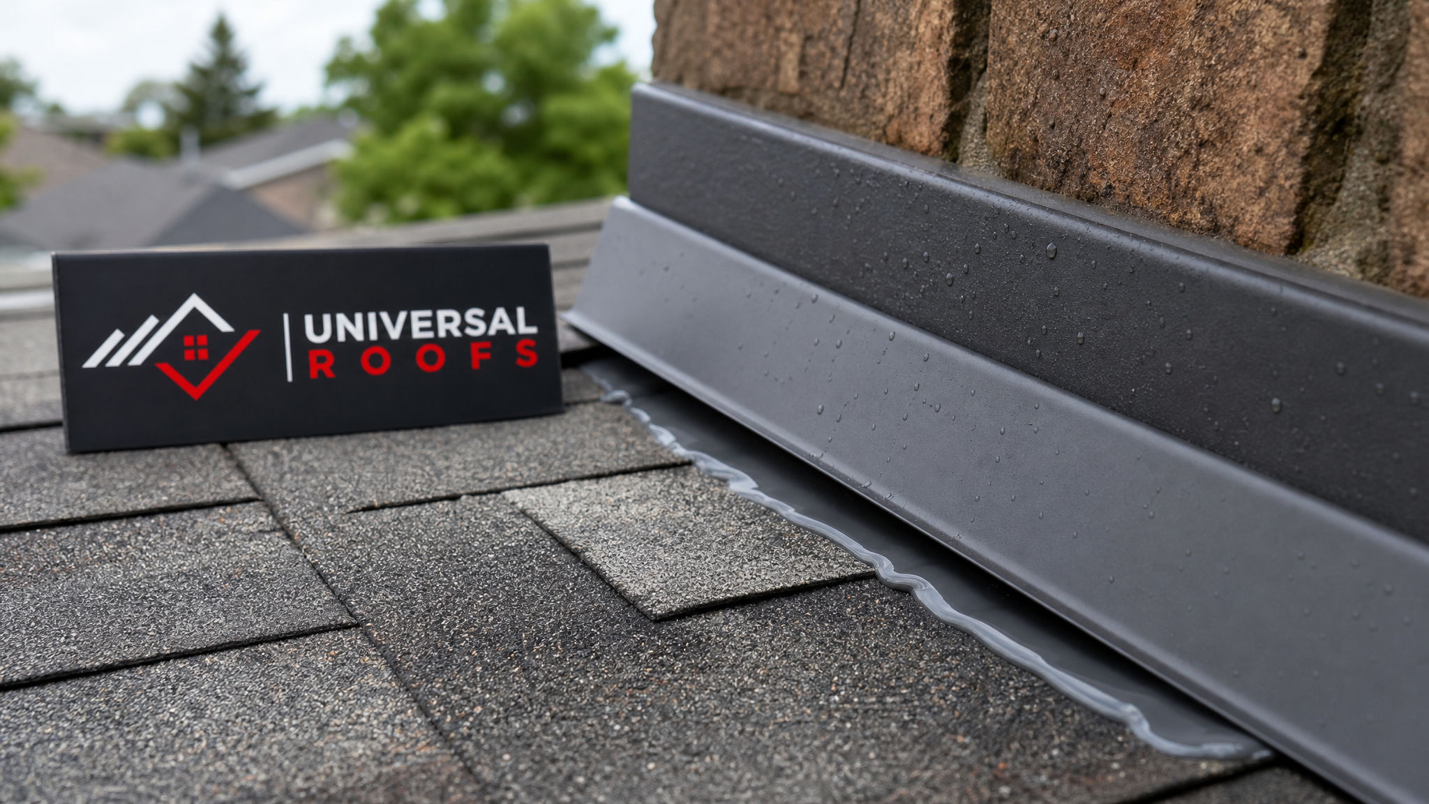 Close-up of new aluminum step flashing overlapping shingles with fresh roofing sealant bead