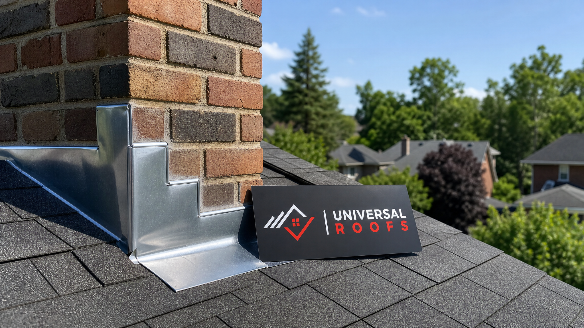 Freshly repaired metal roof flashing around a chimney on a Toronto home in summer daylight