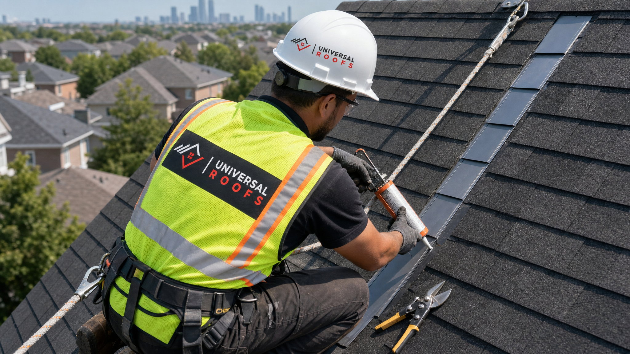 Roofer securing new step flashing along a roof valley while wearing full safety harness