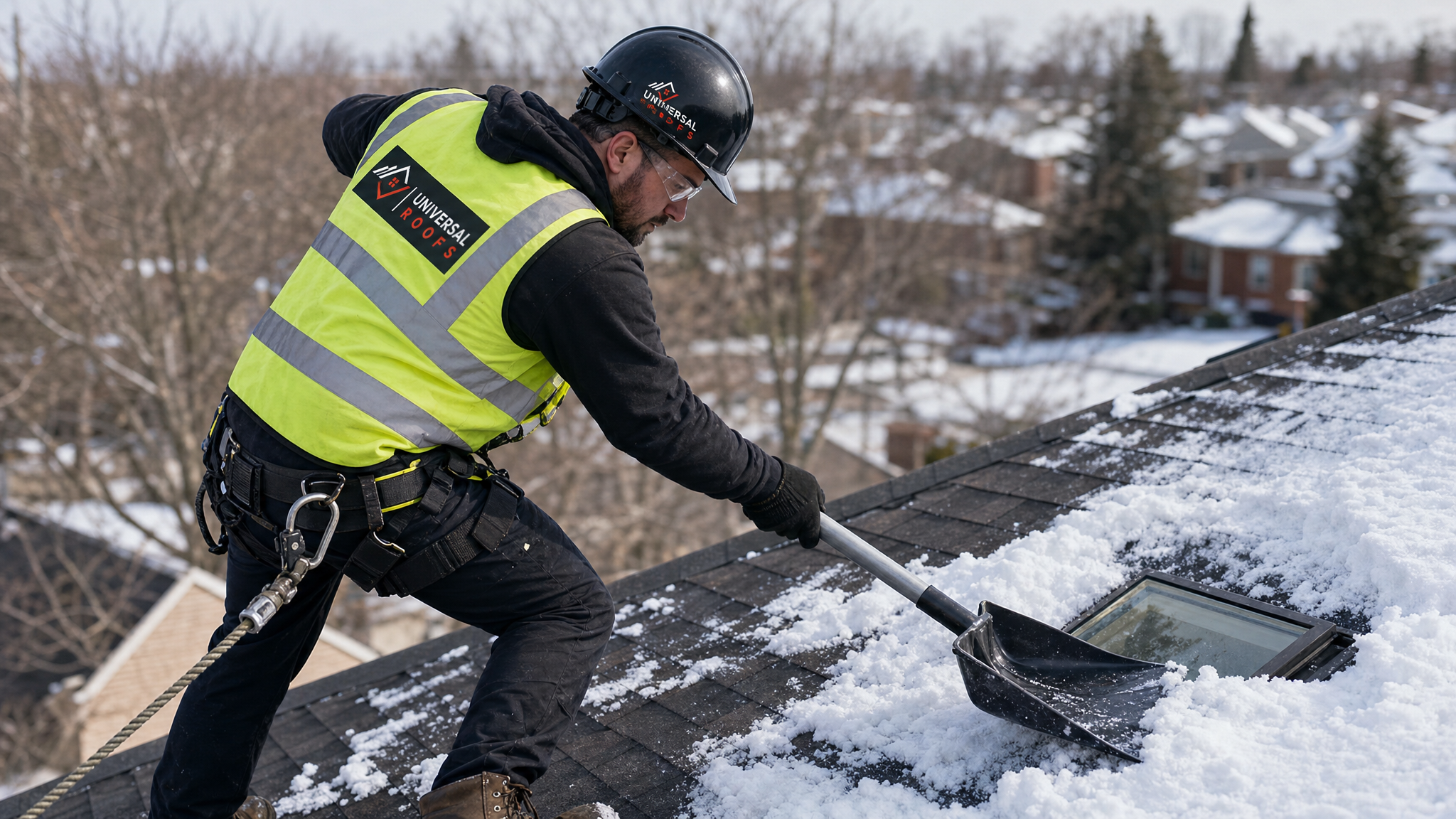 Roofer wearing full safety harness clearing snow from a residential skylight in Toronto