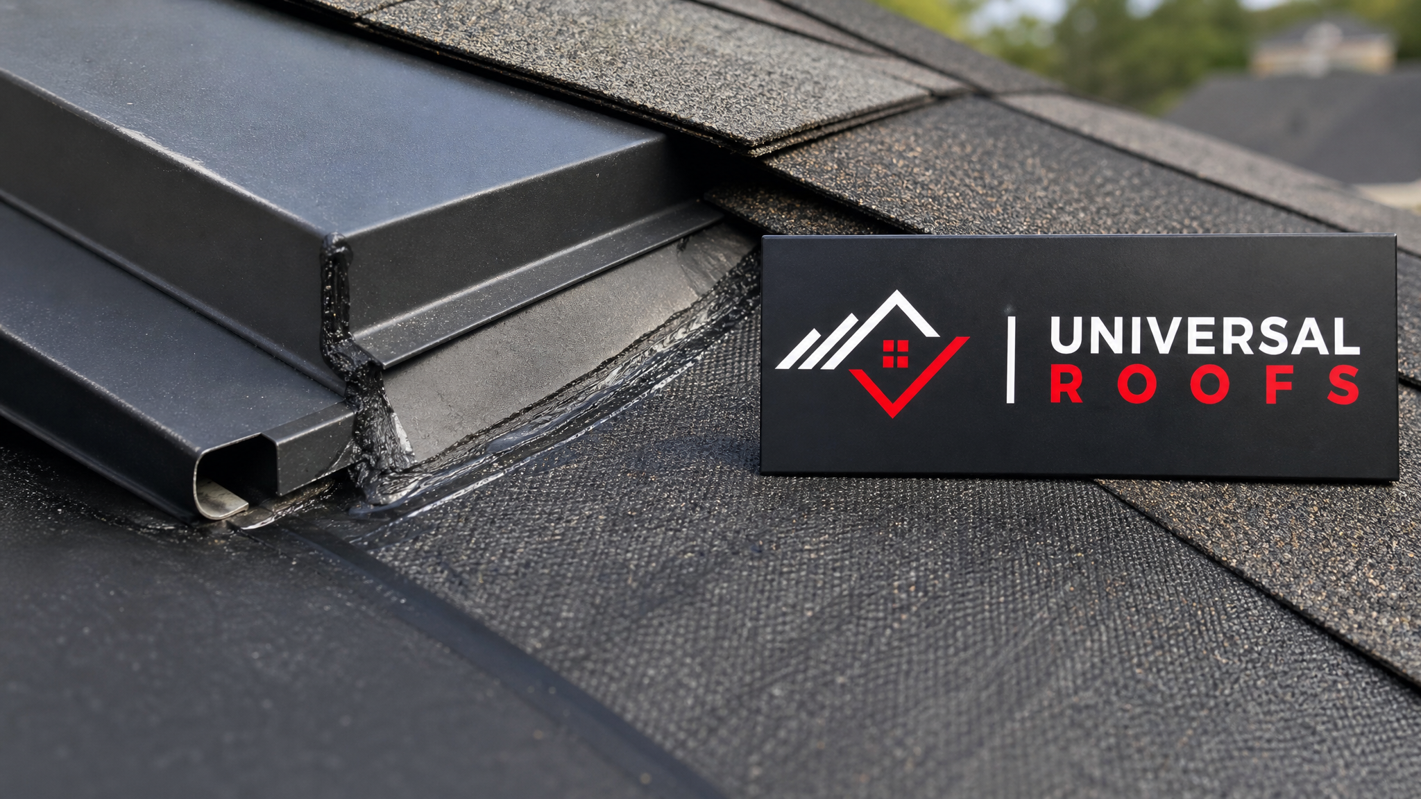 Close-up of overlapping roof flashing and sealed membrane seams showing proper waterproofing technique