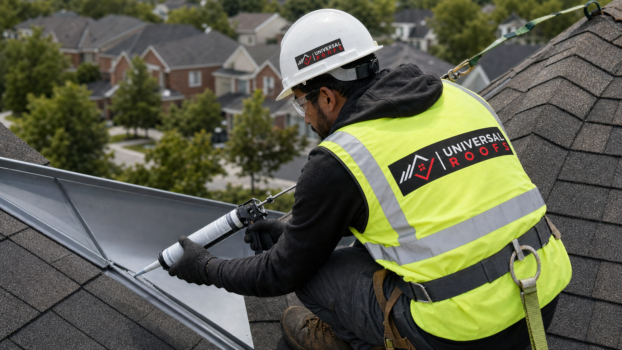 Roofer wearing full safety harness applying sealant along roof flashing on a GTA home during daytime