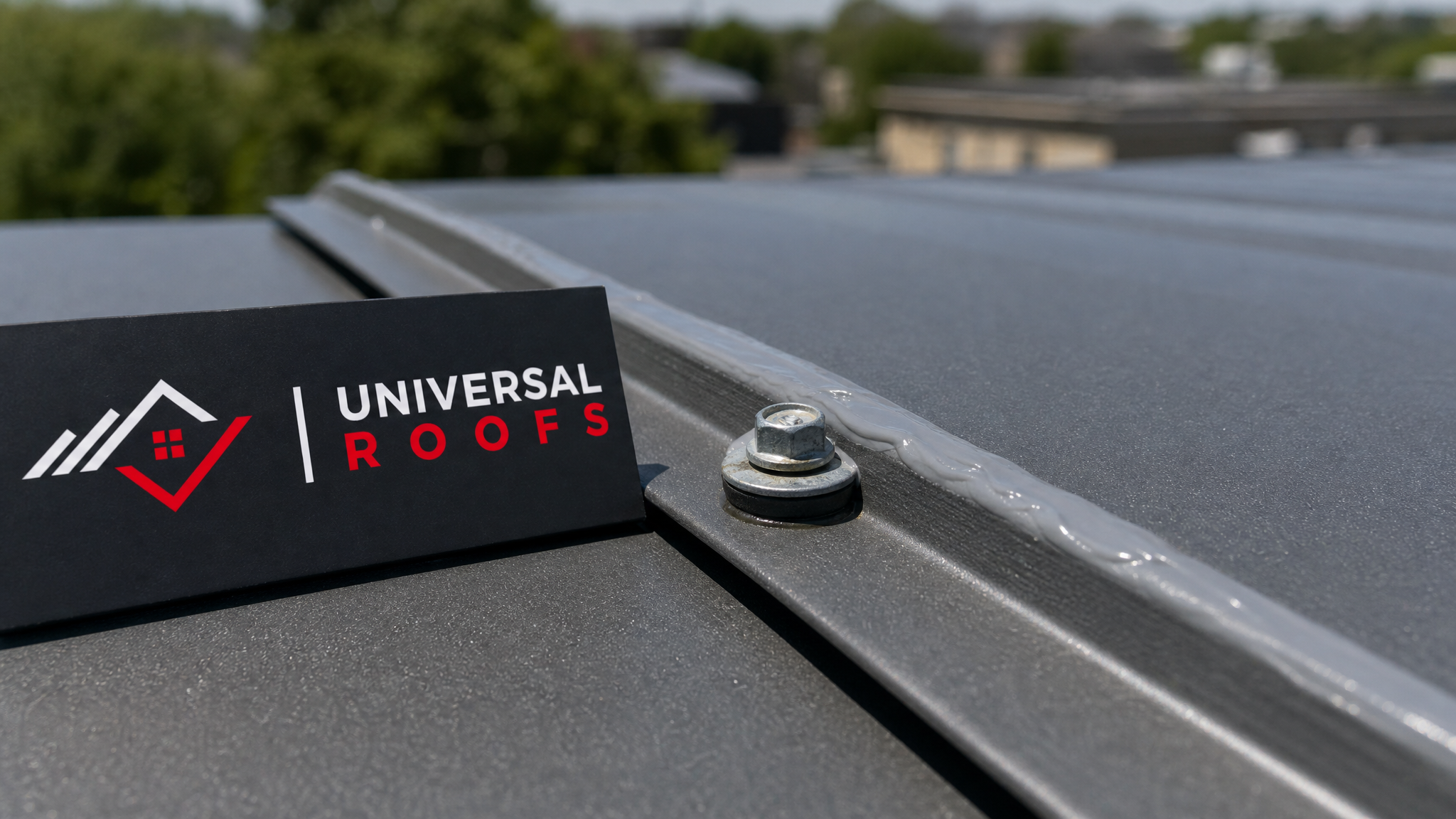 Close-up of a metal roof seam showing fresh sealant and a properly seated screw with rubber washer