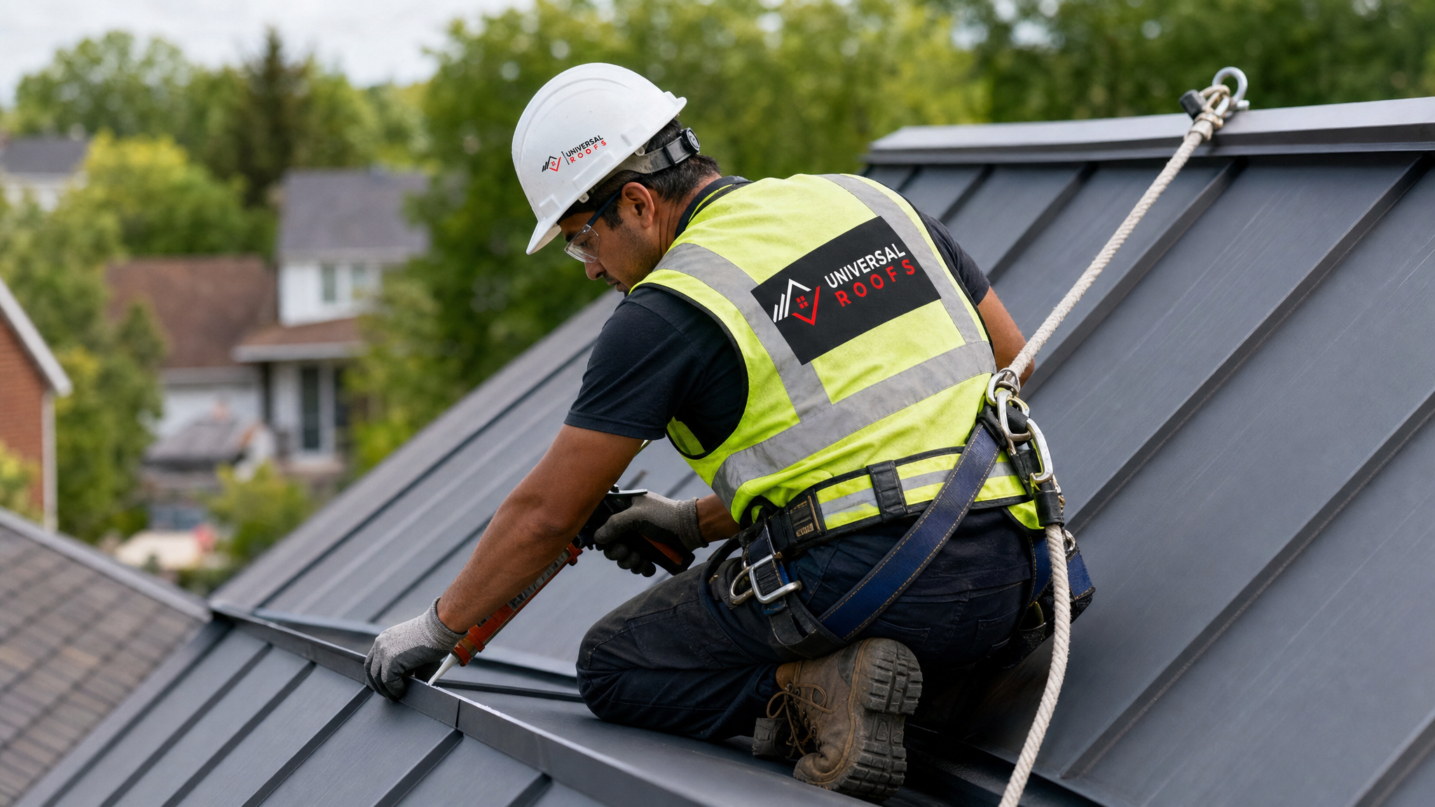 Roofing technician applying sealant to a metal roof seam while wearing full fall-protection safety gear