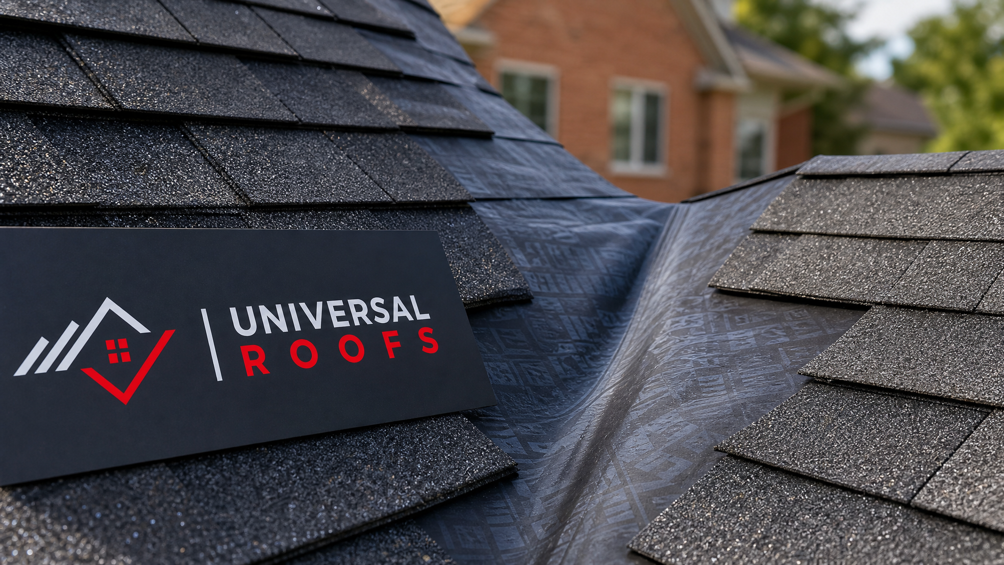 Close-up detail of overlapping architectural asphalt shingles and ice and water shield membrane at a roof valley with a Universal Roofs branded sign placard nearby