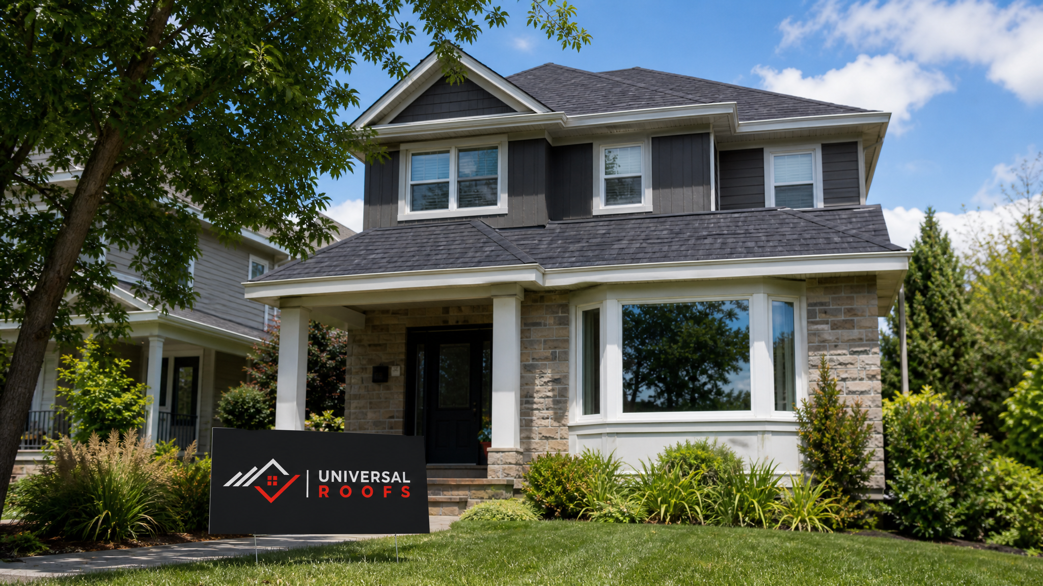 Freshly replaced asphalt shingle roof on a Toronto-area home in summer daylight with a Universal Roofs branded sign placard resting on the lawn