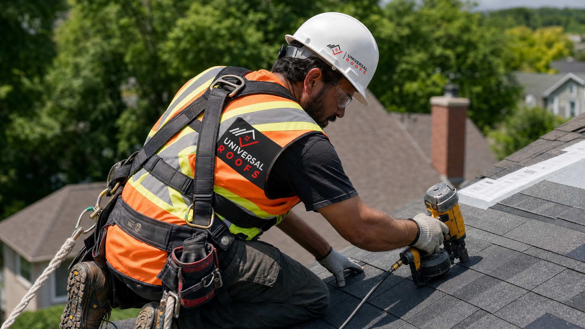 Roofing worker in hard hat, hi-vis vest, safety glasses, gloves and fall-protection harness installing architectural shingles on a Toronto home in daylight