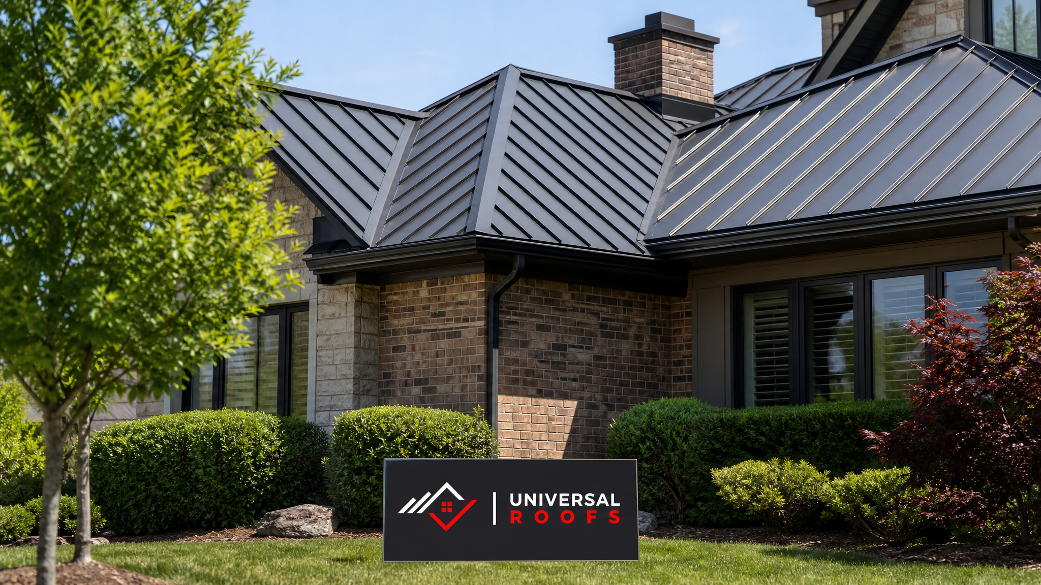 Finished metal roof on a Toronto home showing clean flashing details at the ridge, valley, and chimney under summer daylight