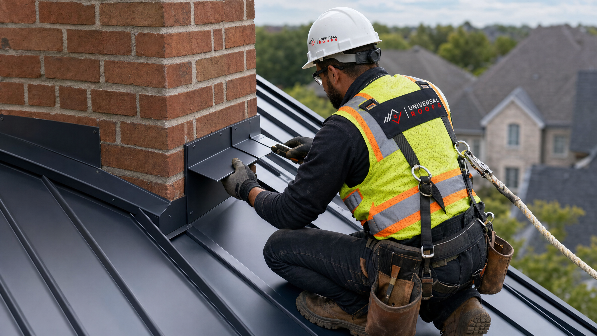 Roofer in full safety harness installing step flashing around a brick chimney on a metal roof in daylight
