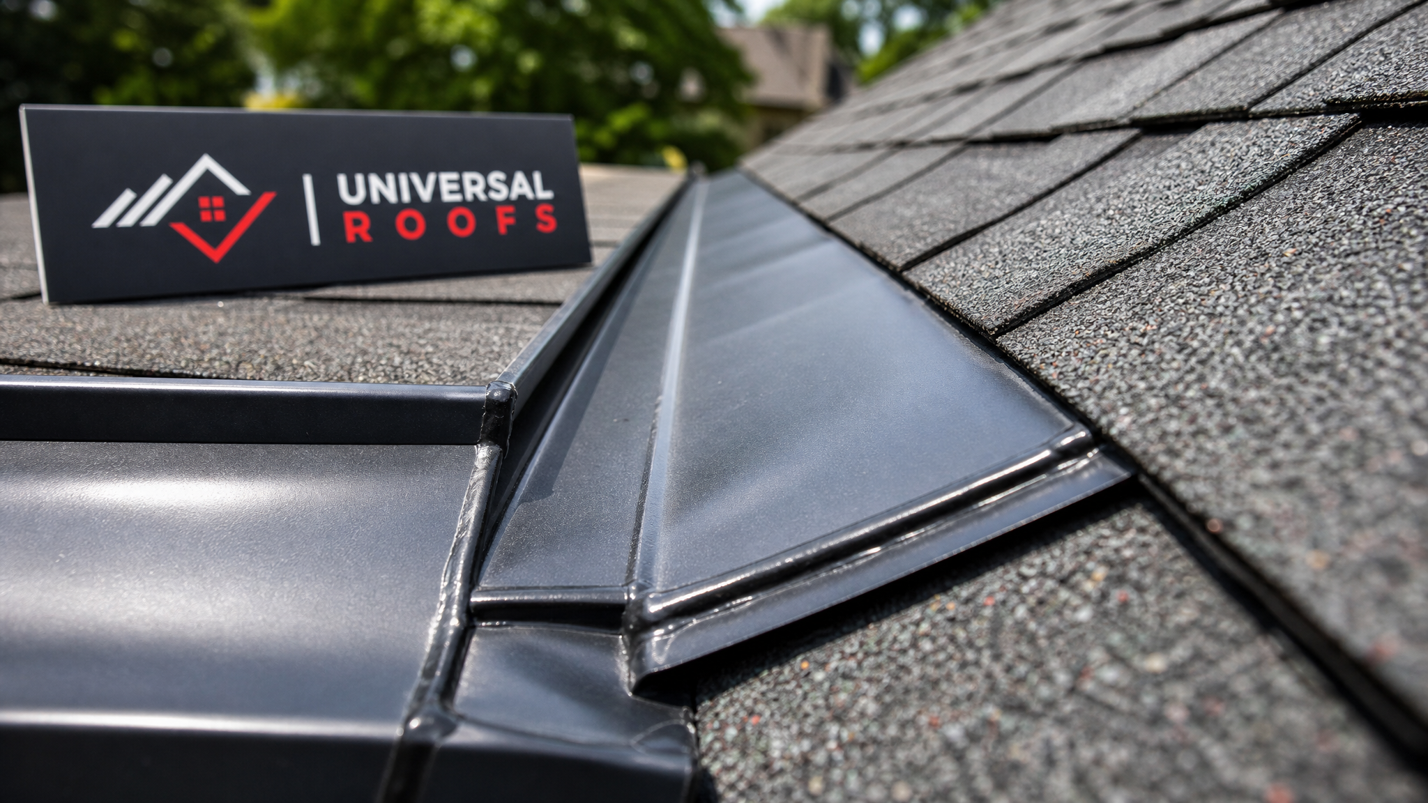 Close-up of new asphalt shingle flashing installation detail at a roof valley with a Universal Roofs branded sign placard visible nearby