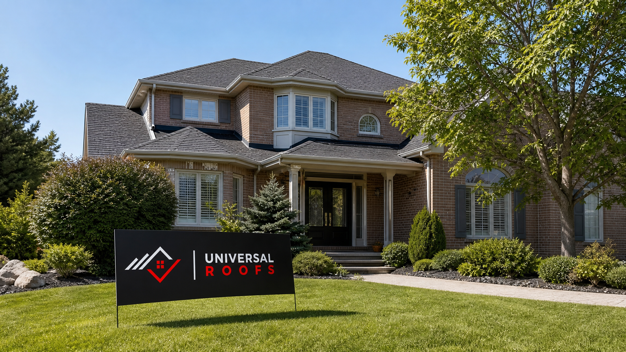 Fully repaired asphalt shingle roof on a Toronto-area home after wind damage repair, shown in bright summer daylight with a Universal Roofs branded sign placard nearby