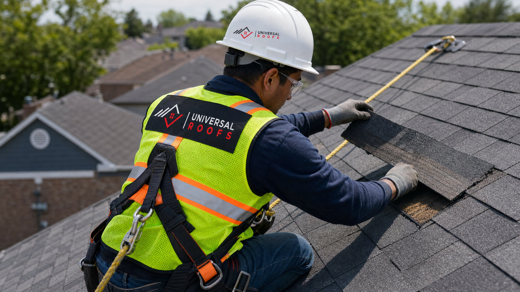 Roofing technician wearing full safety harness and PPE replacing wind-damaged shingles on a GTA home roof in daylight