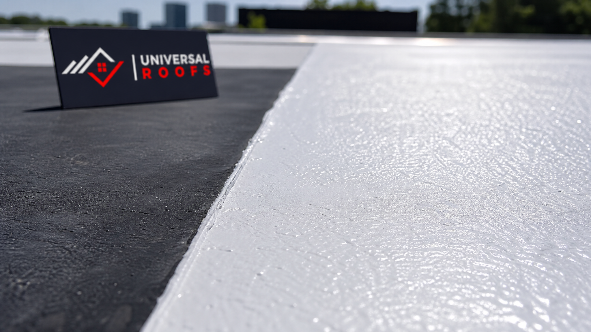 Close-up detail of reflective eco friendly roof coating texture and seam on a flat roof membrane