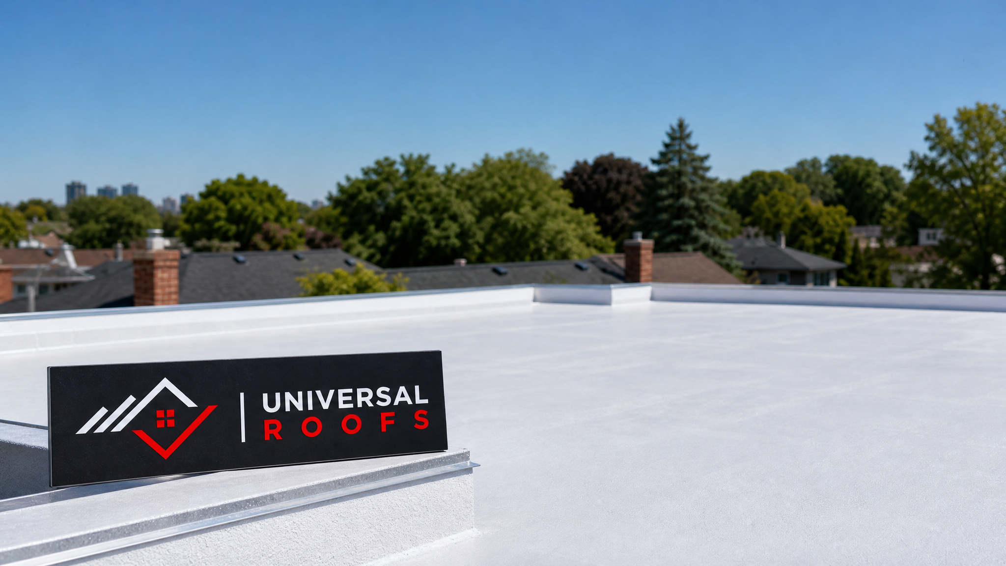 Finished eco friendly flat roof repair with reflective white coating on a Toronto home under summer daylight