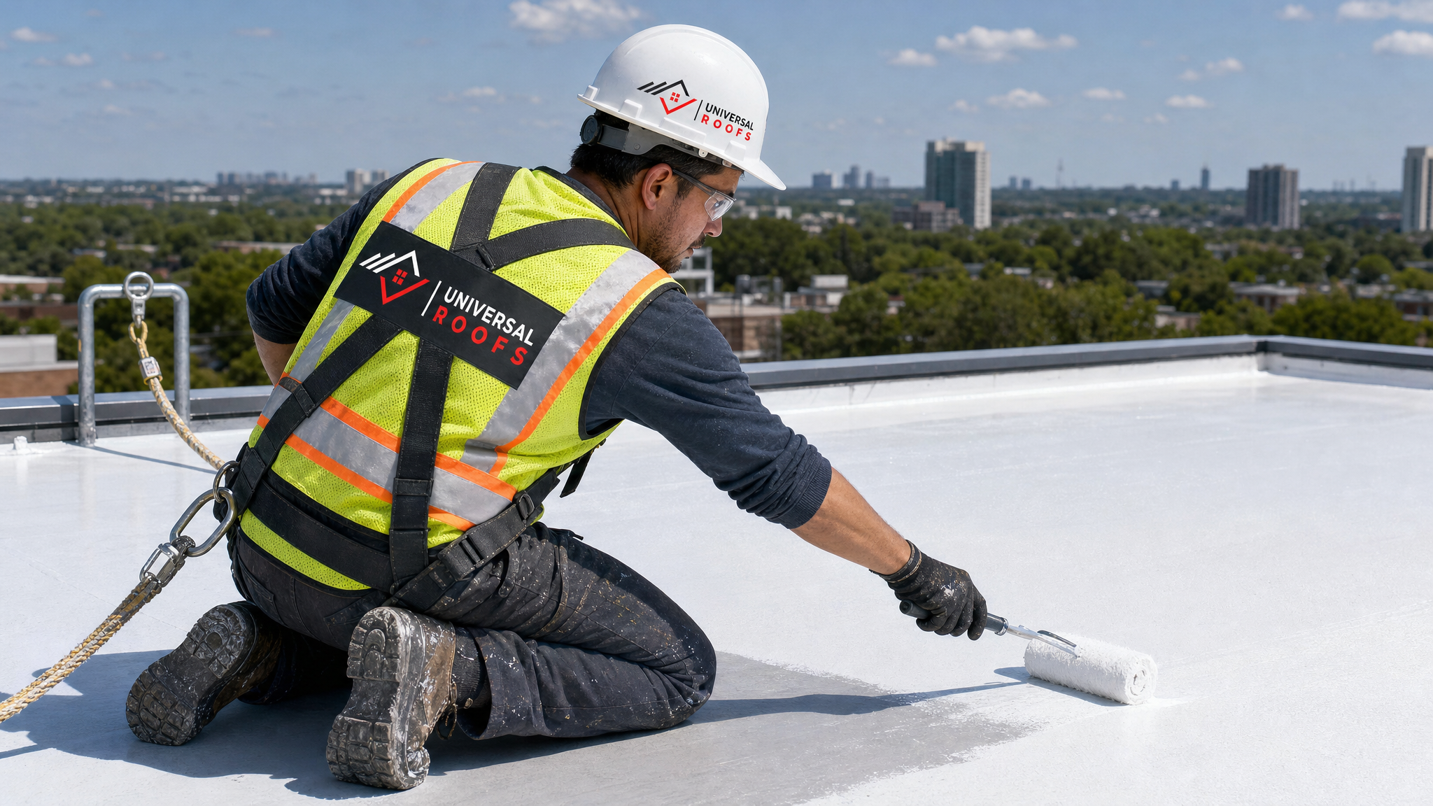 Roofer wearing full safety harness applying reflective eco friendly coating to a flat roof in Toronto