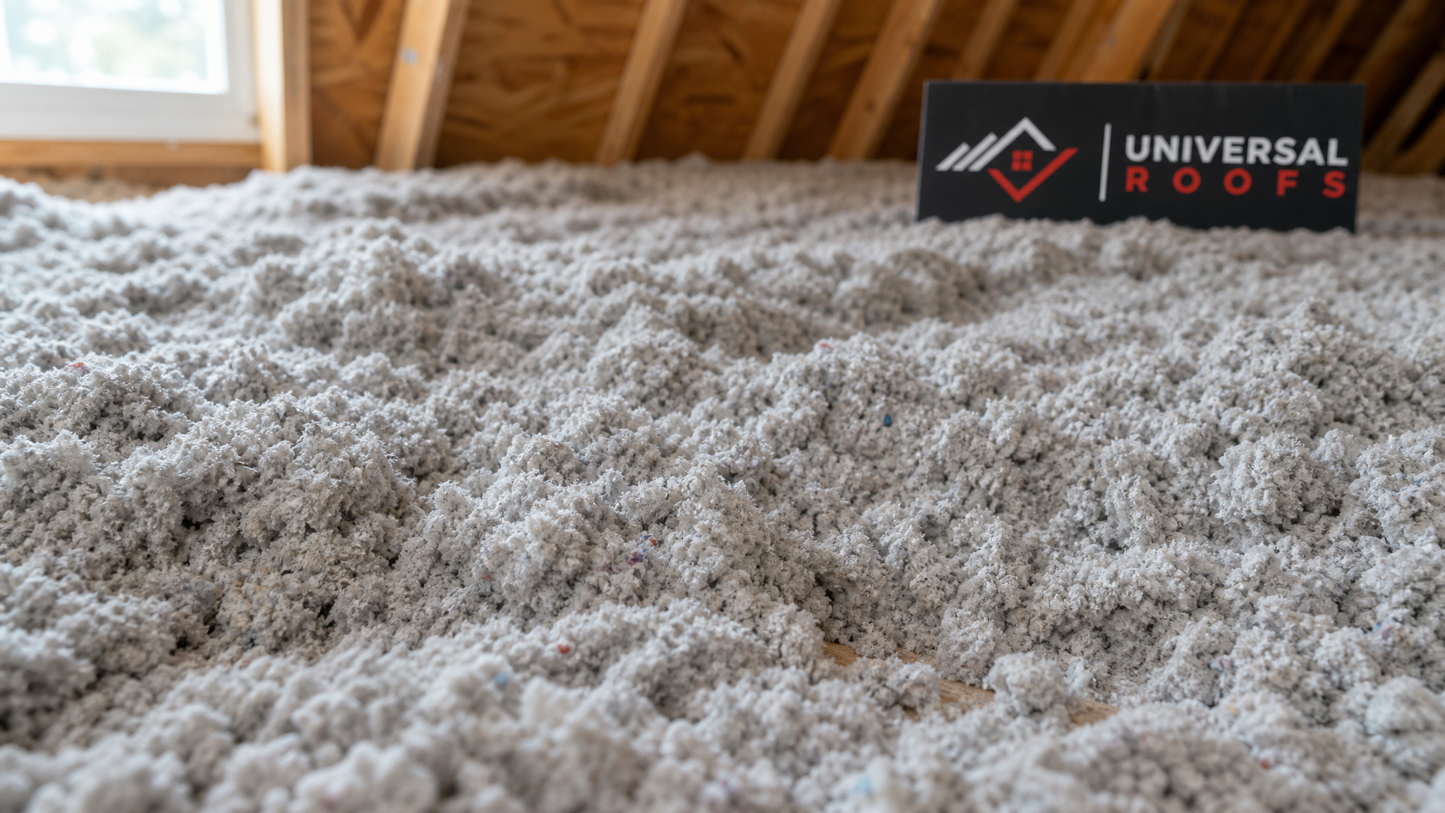 Close-up detail of dense-pack cellulose insulation material texture used in eco-friendly roof insulation installations